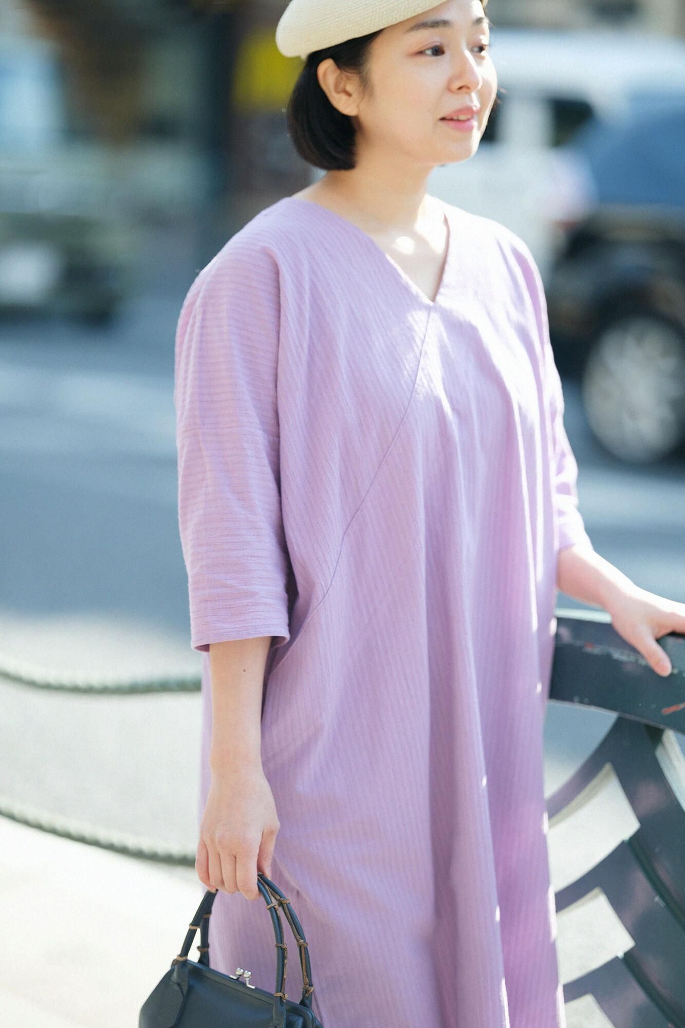 高島縮棉 40/20 空羽 V領長方形洋裝 七分袖/ 淺紫色