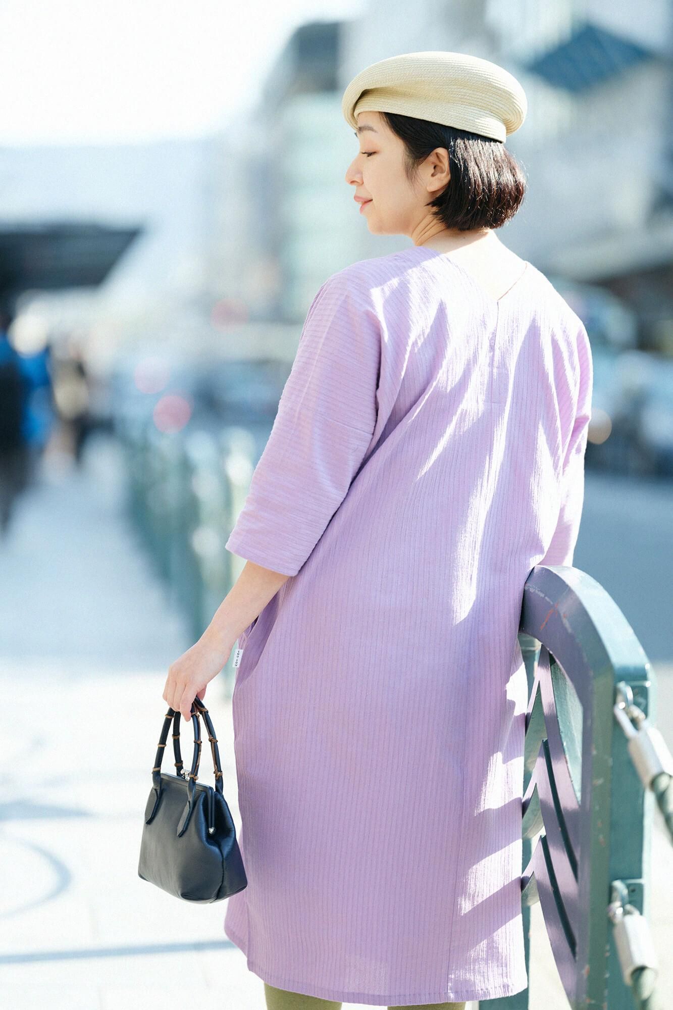 高島縮棉 40/20 空羽 V領長方形洋裝 七分袖/ 淺紫色