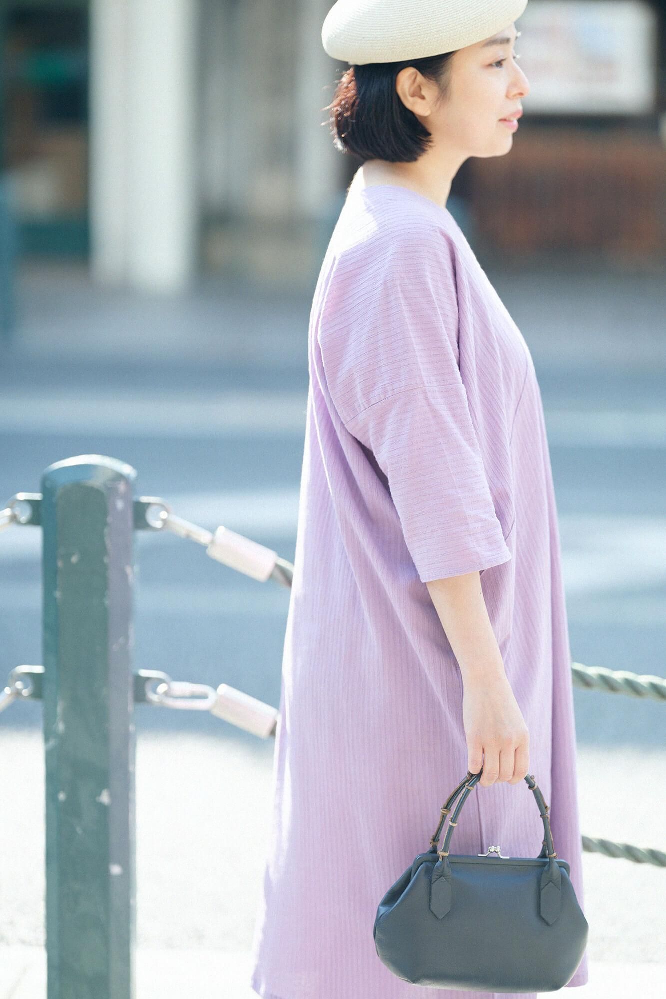 高島縮棉 40/20 空羽 V領長方形洋裝 七分袖/ 淺紫色