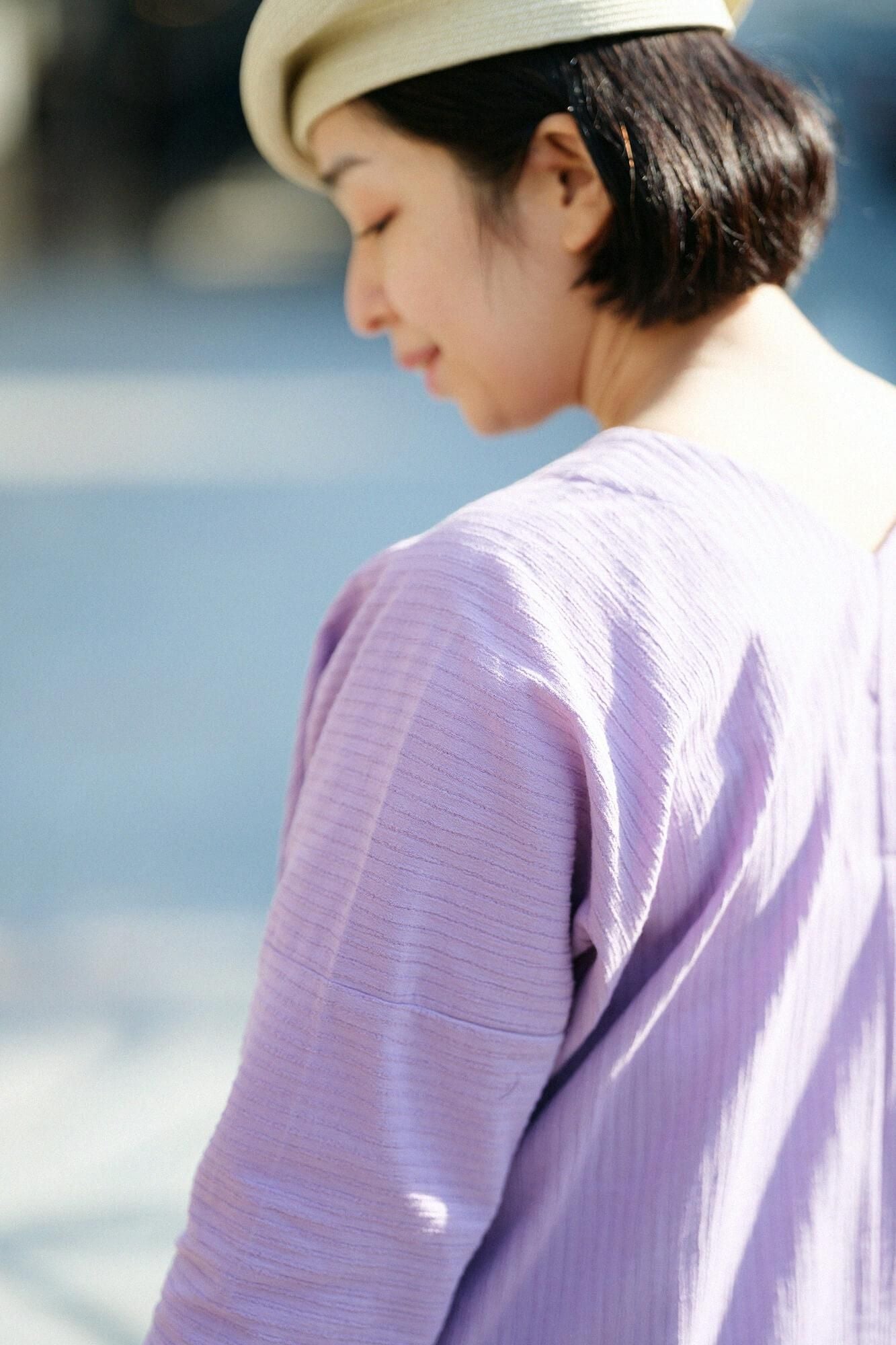 高島縮棉 40/20 空羽 V領長方形洋裝 七分袖/ 淺紫色