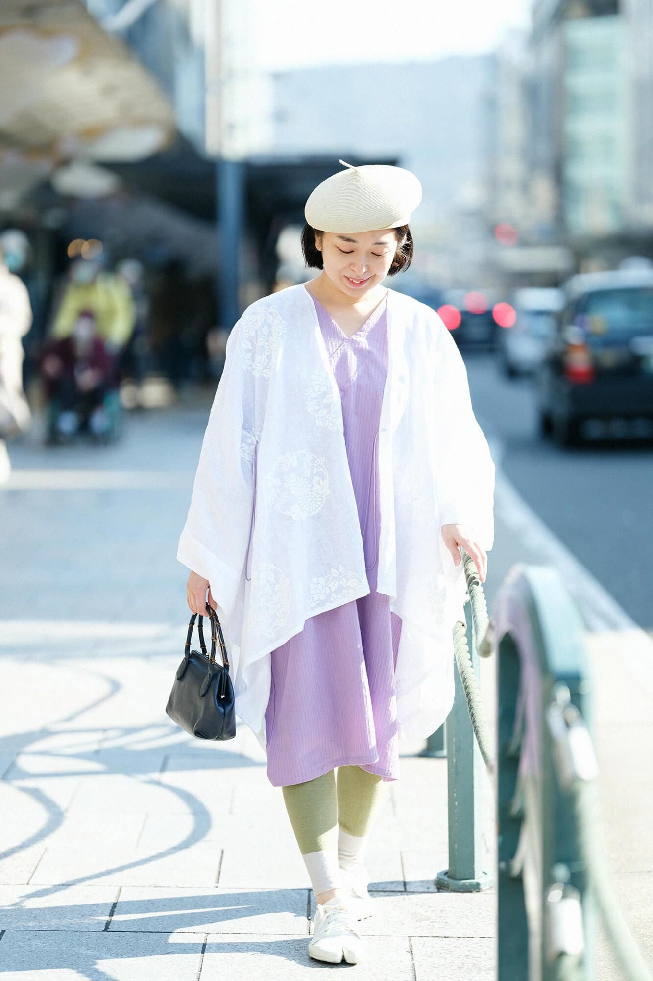 高島縮棉 40/20 空羽 V領長方形洋裝 七分袖/ 淺紫色