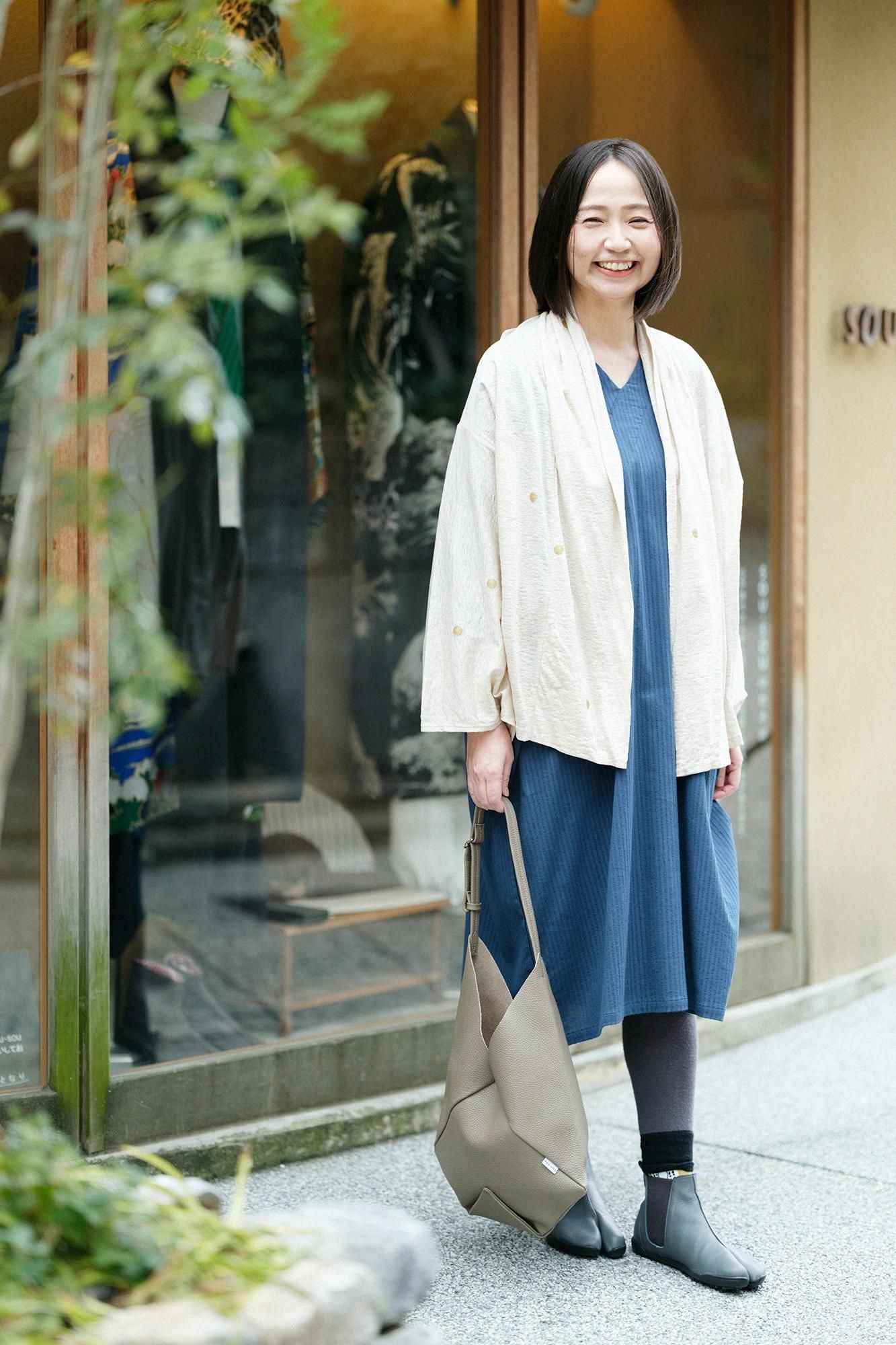 高島縮棉40/20 空羽 V領長方形洋裝 七分袖／碧綠色