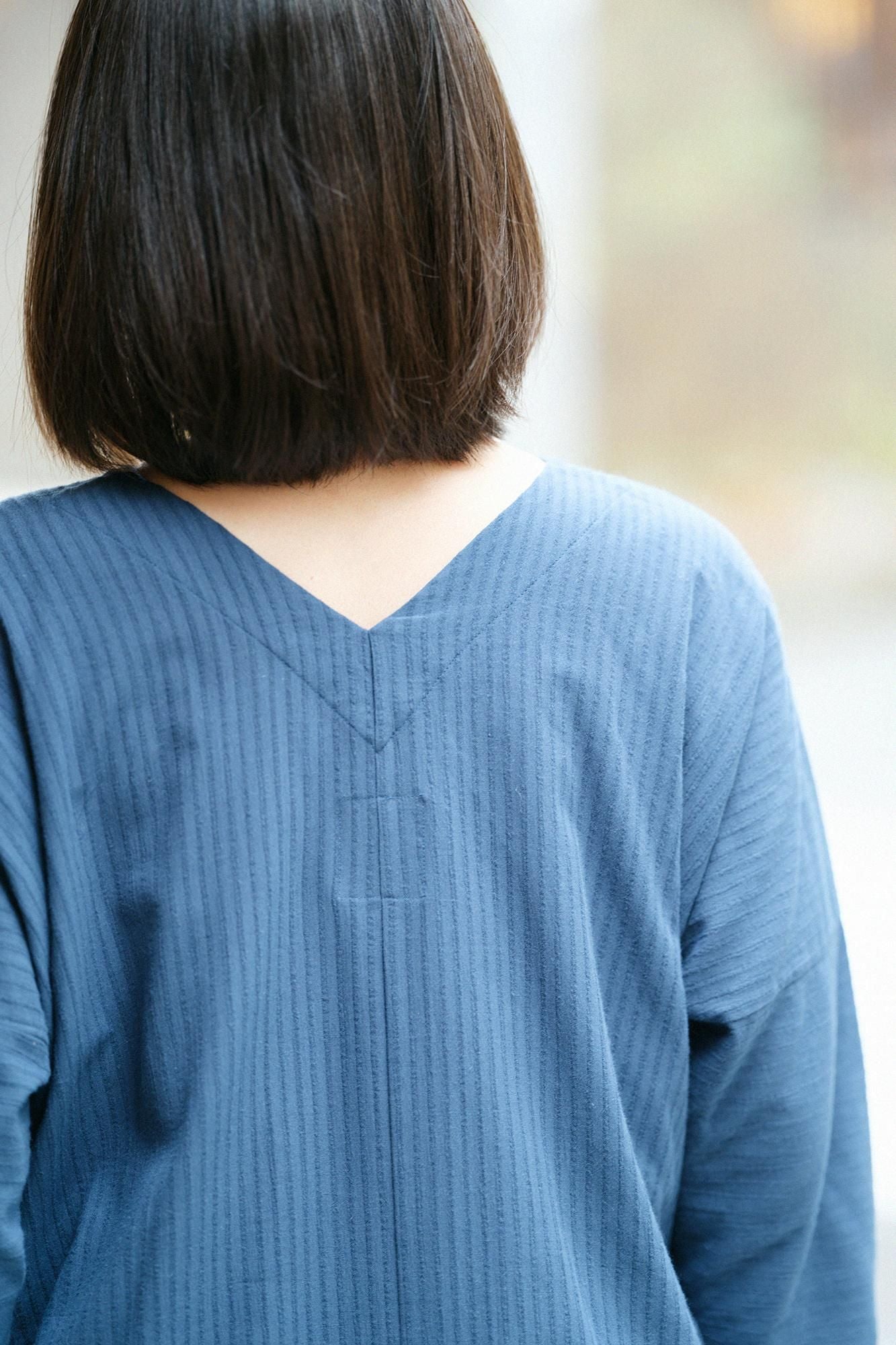 高島縮棉40/20 空羽 V領長方形洋裝 七分袖／碧綠色