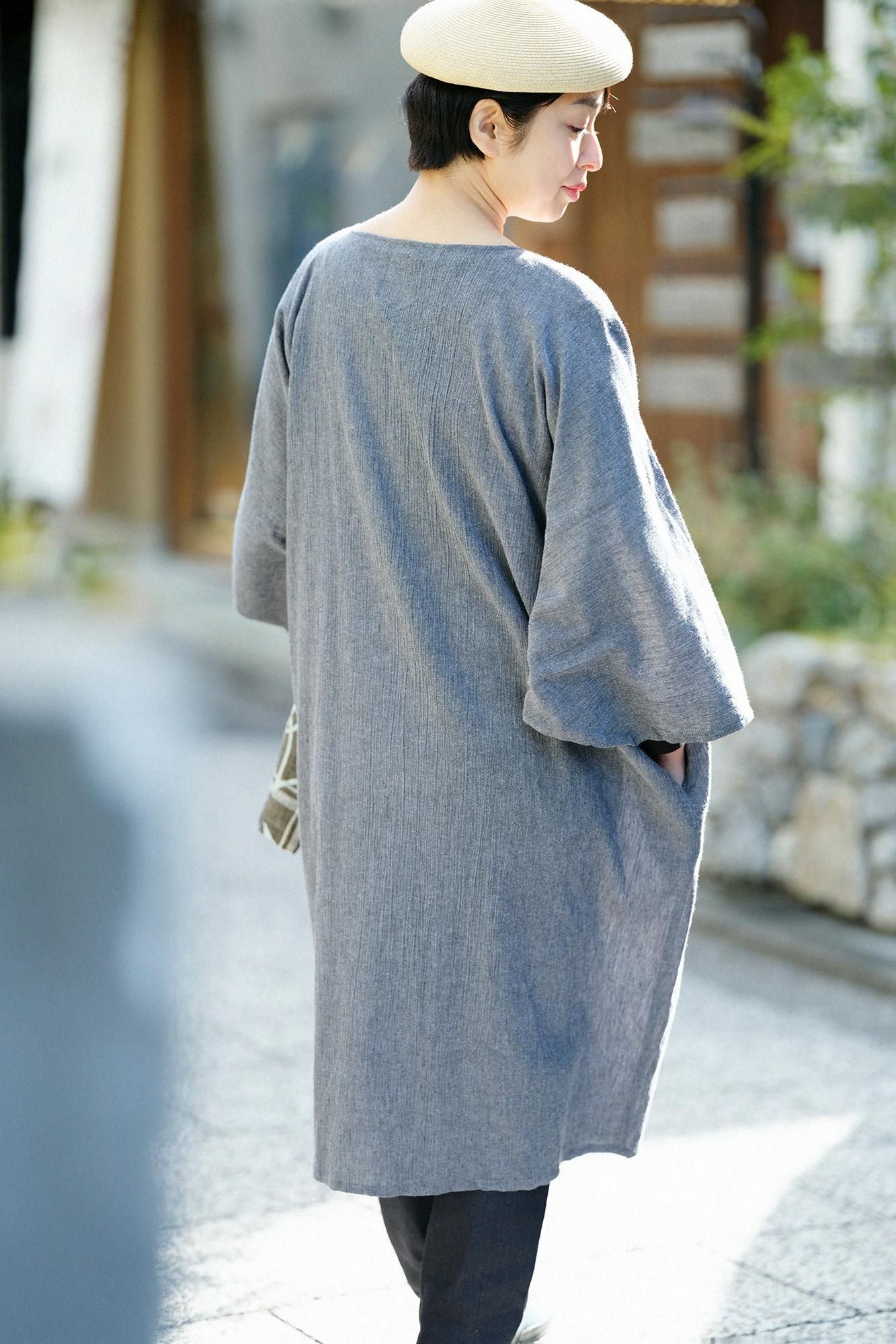 Cotton-linen Blend Chizimi Cotton 20/20 Naginata Rectangular Dress / Dark Grey
