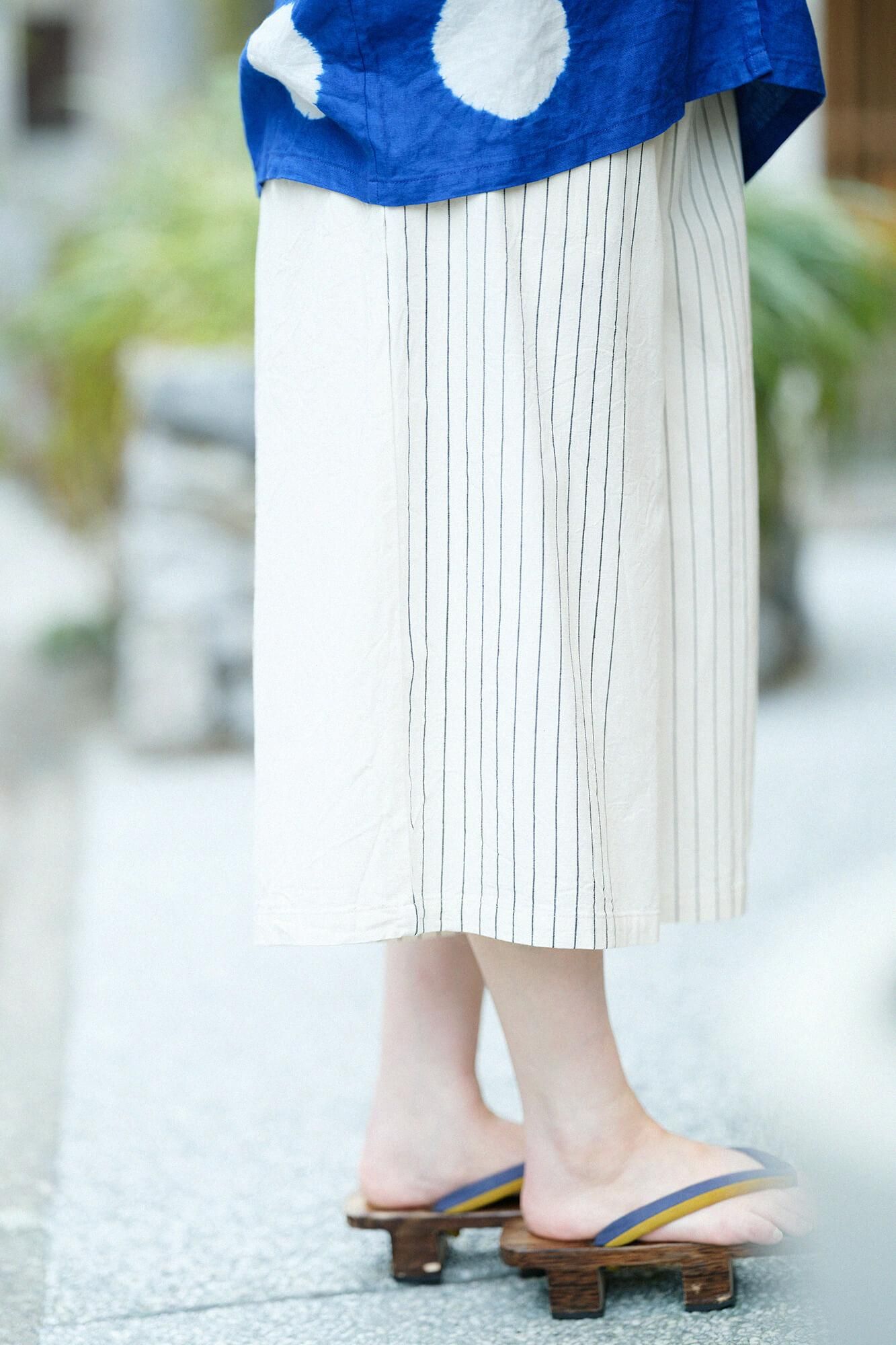 ISE棉花20/20宽（Hironari）Monpe Hagi-Length/Half Striped（Hanbunjima）新鲜白色（Kijiro）