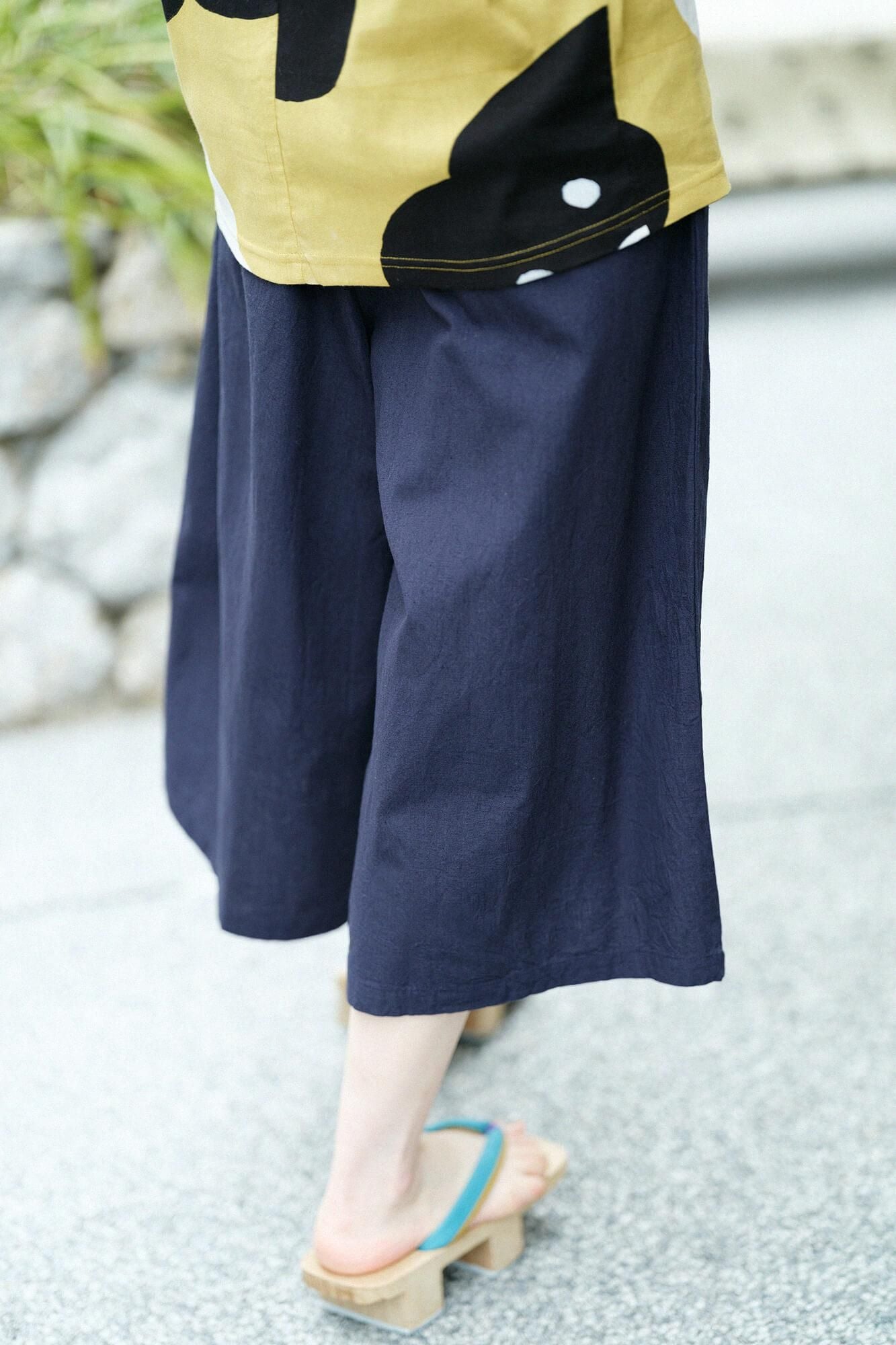 伊勢木綿 20/20 麻混 広形（ひろなり）もんぺ はぎ丈／濃紺（のうこん）