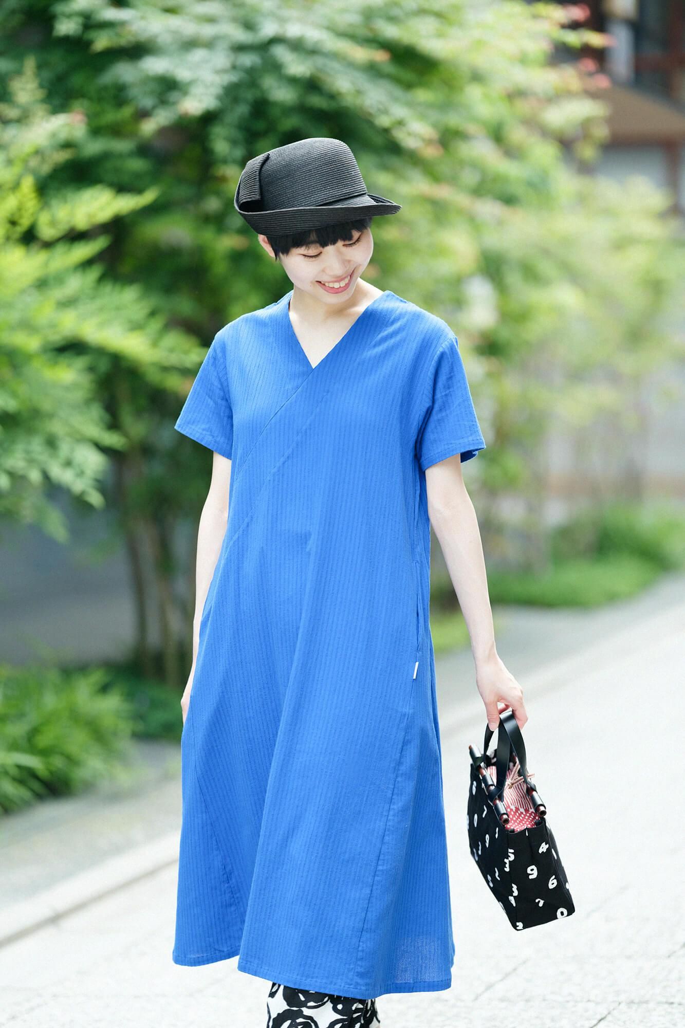 SOUSOU抜衿涼衣ソウソウ　ワンピース　瑠璃色　M net限定】高島縮 40/20 空羽（あきは） 抜衿涼衣（ぬきえり