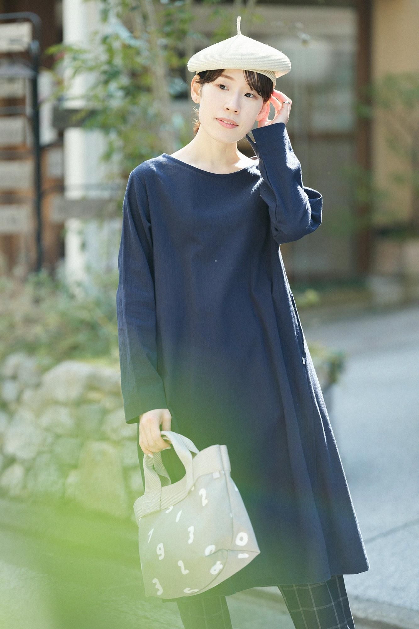 Chizimi Cotton 20/20 Long-sleeved Dress / Dark Blue
