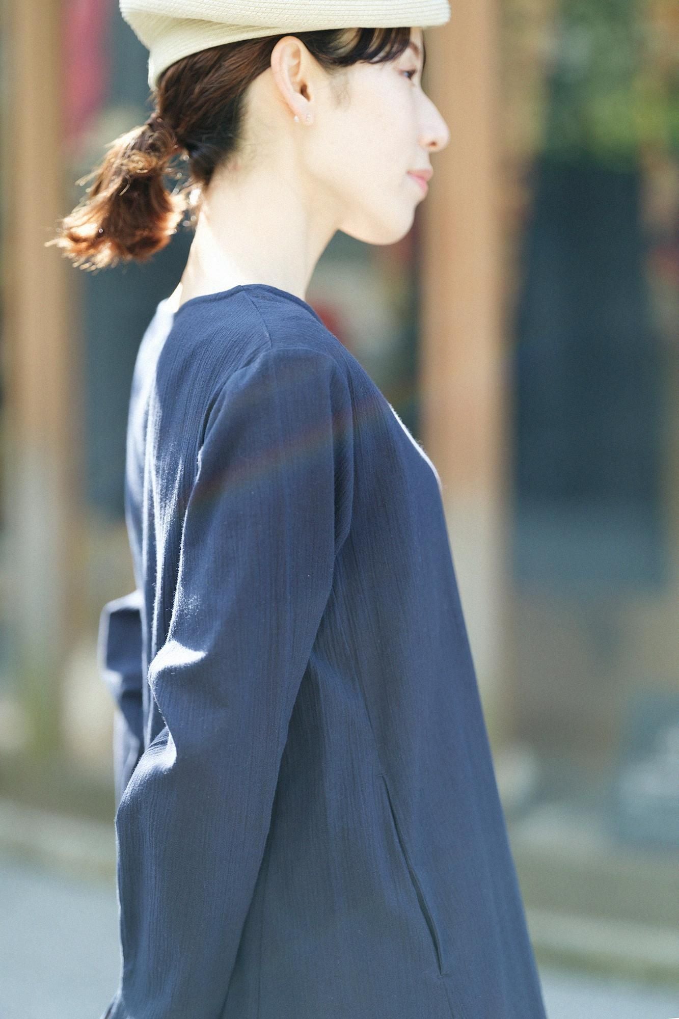 Chizimi Cotton 20/20 Long-sleeved Dress / Dark Blue
