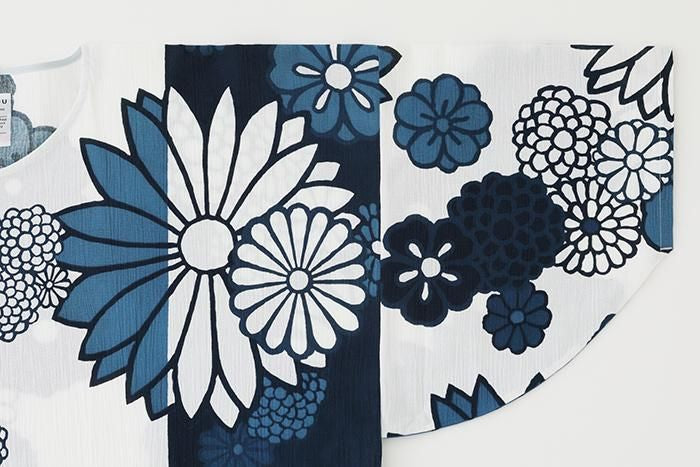 高島縮棉 20/20 藍捺染 圓弧袖長方形洋裝/金襴緞子