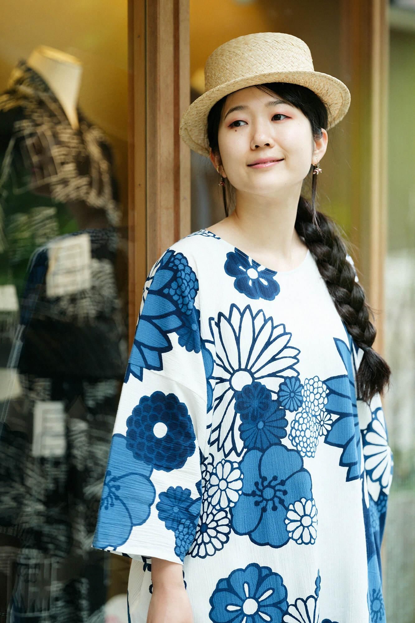 高島縮棉 20/20 藍捺染 圓弧袖長方形洋裝/金襴緞子