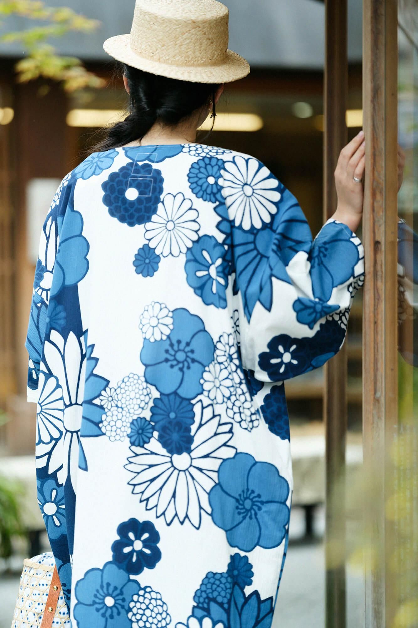 高島縮棉 20/20 藍捺染 圓弧袖長方形洋裝/金襴緞子