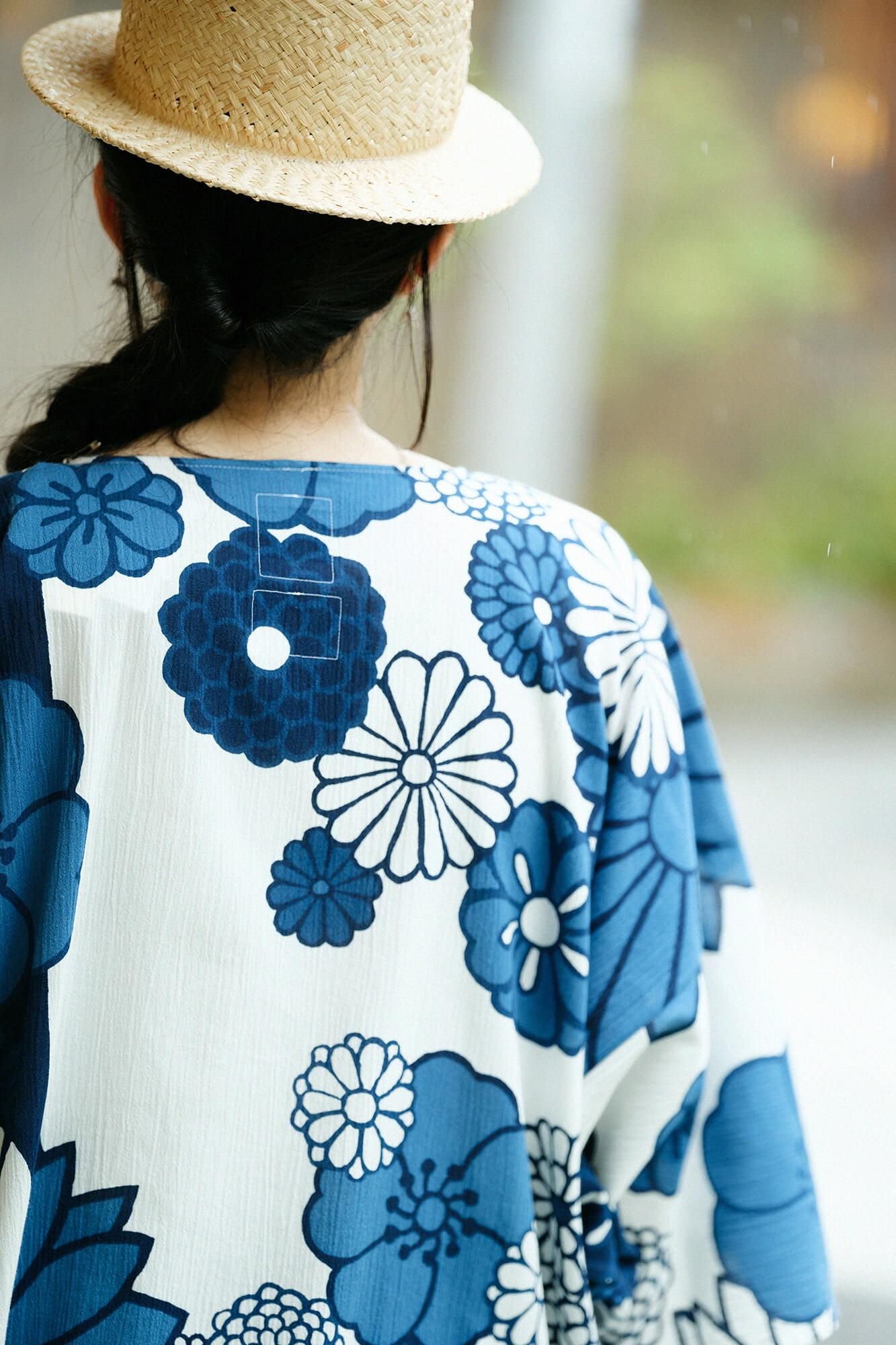 高島縮棉 20/20 藍捺染 圓弧袖長方形洋裝/金襴緞子