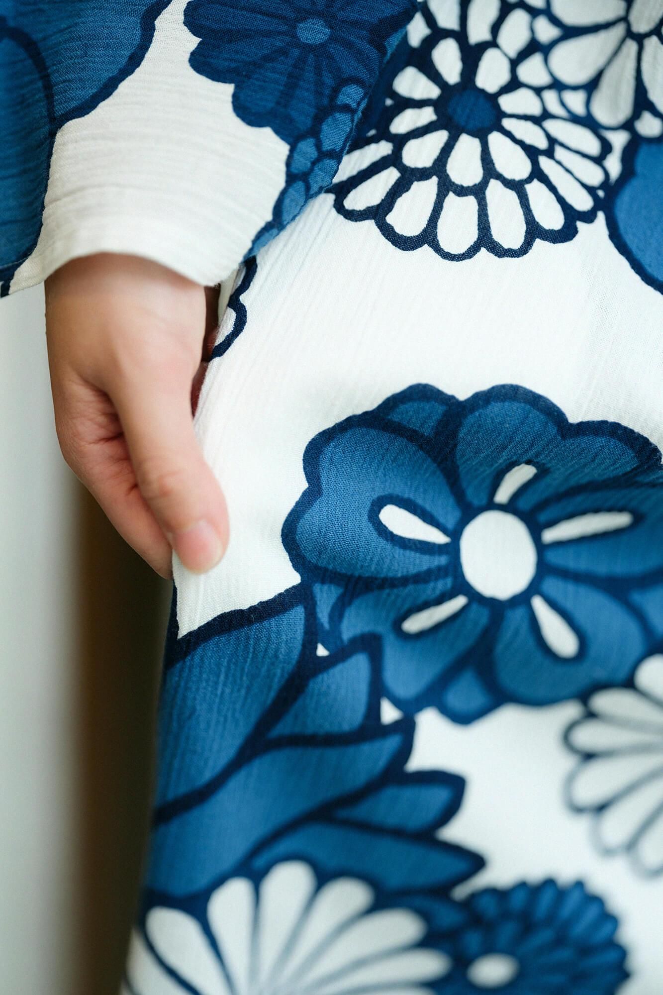 高島縮棉 20/20 藍捺染 圓弧袖長方形洋裝/金襴緞子