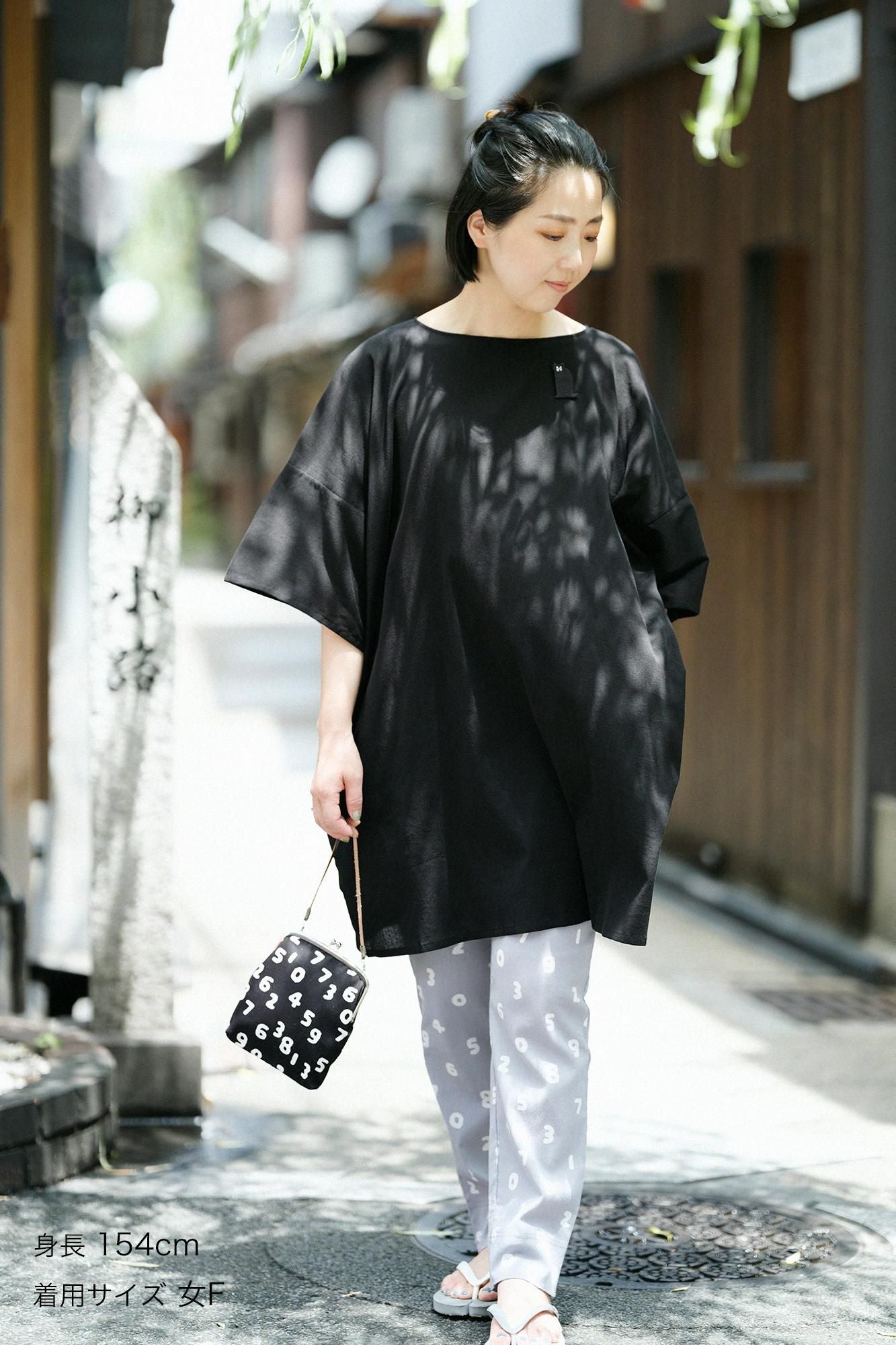 高島縮棉40/40 寬袖船領 長版上衣／黑色