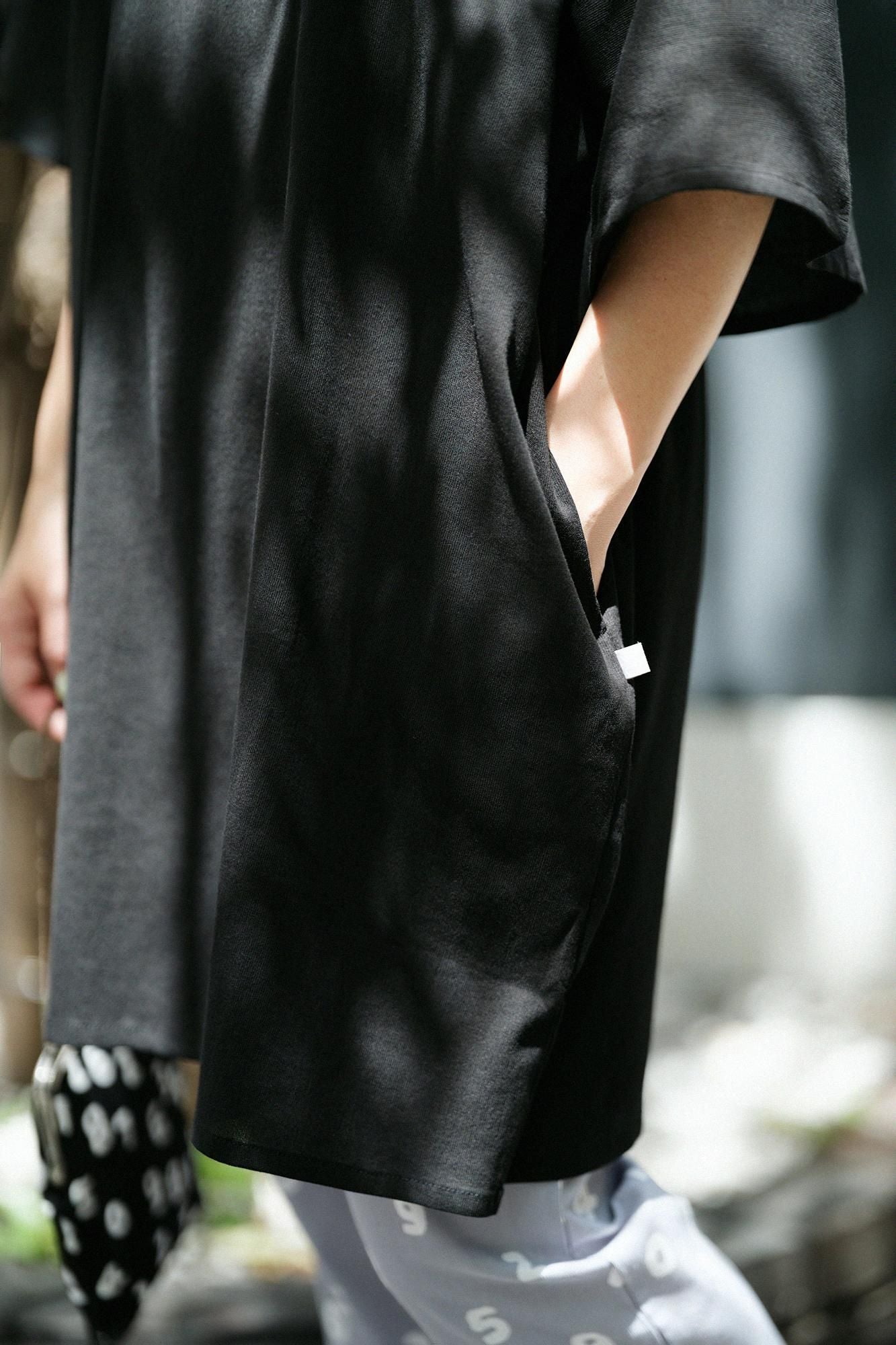 高島縮棉40/40 寬袖船領 長版上衣／黑色