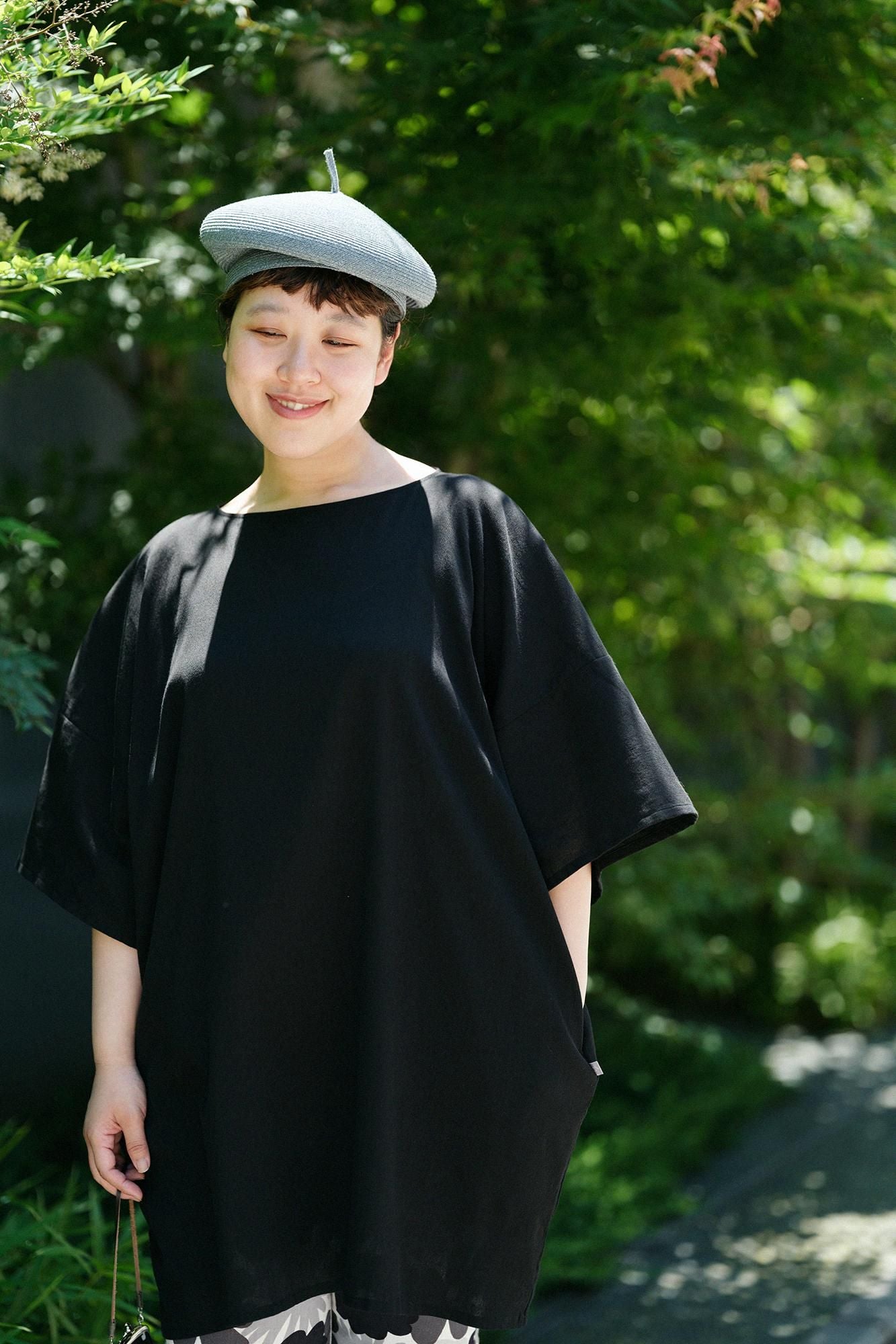 高島縮棉40/40 寬袖船領 長版上衣／黑色