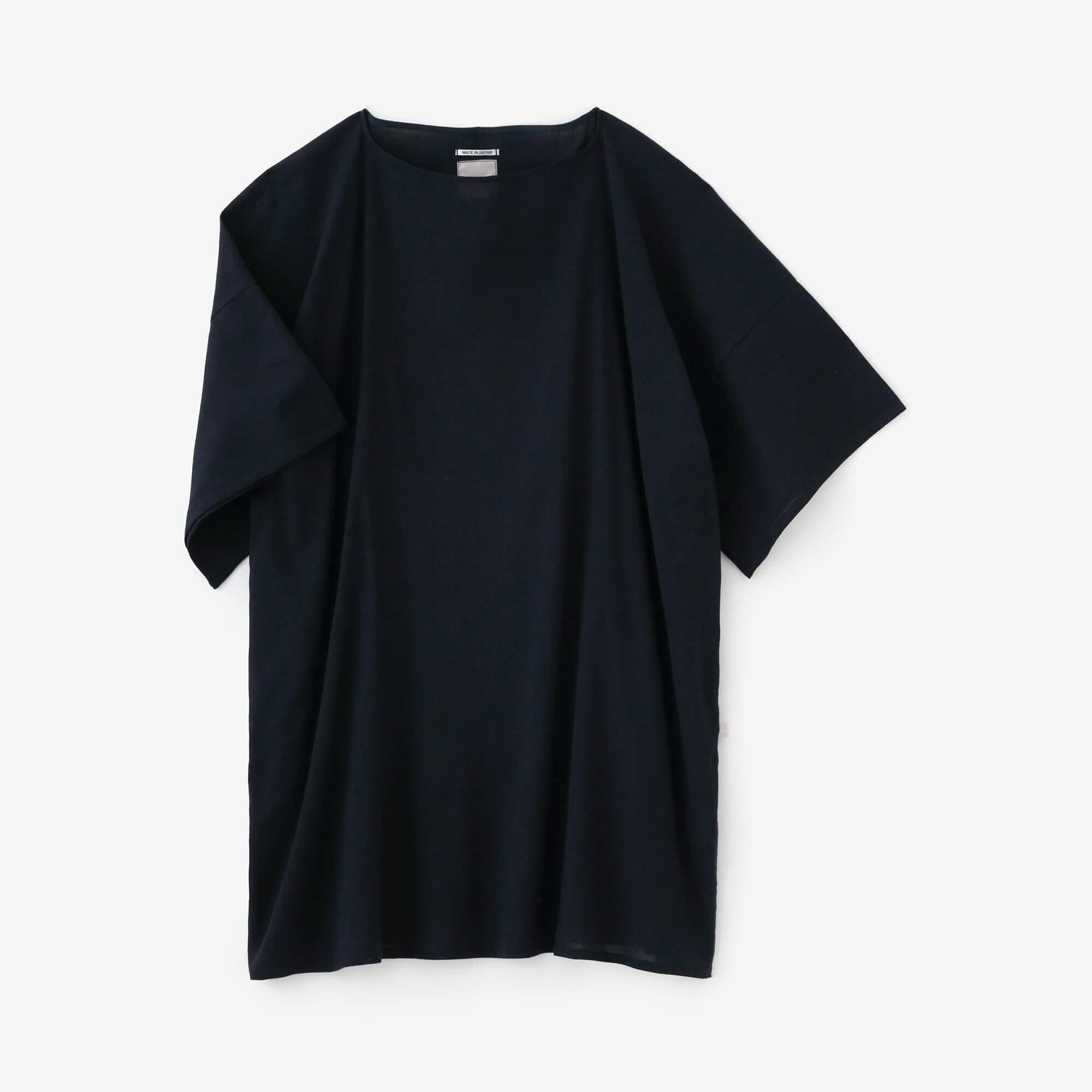 高島縮棉 40/40 寬袖船領 長版上衣／藍黑色