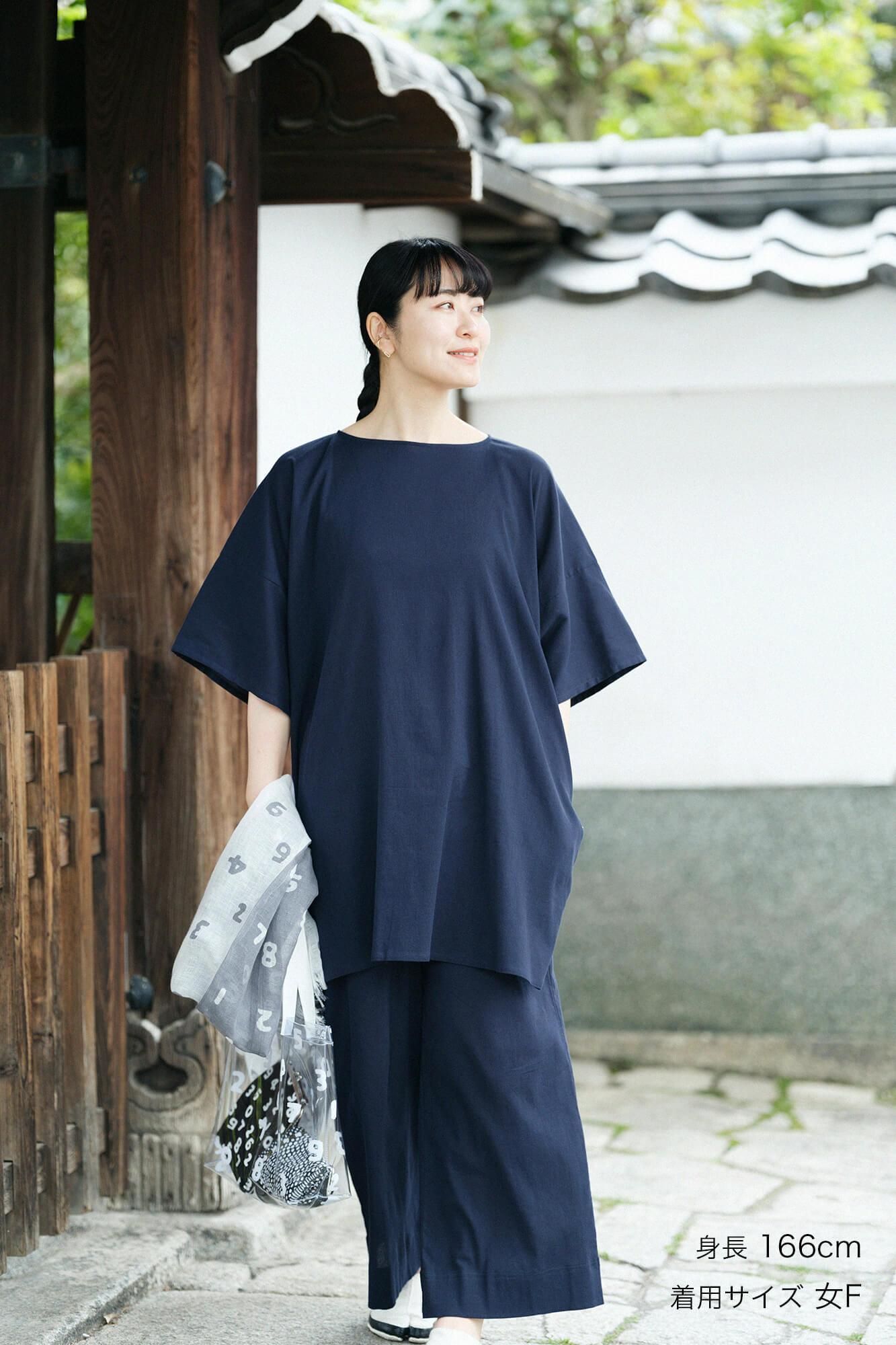 高島縮棉 40/40 寬袖船領 長版上衣／藍黑色