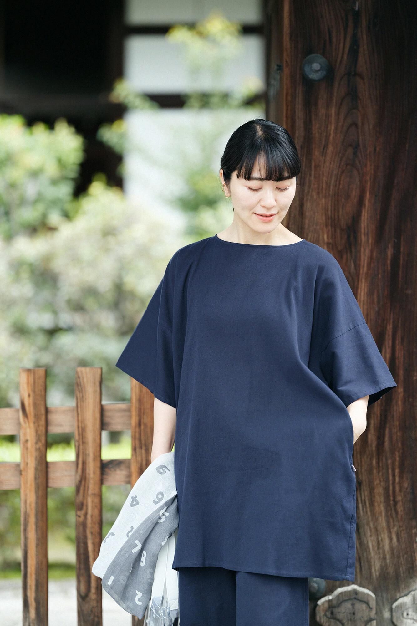 高島縮棉 40/40 寬袖船領 長版上衣／藍黑色