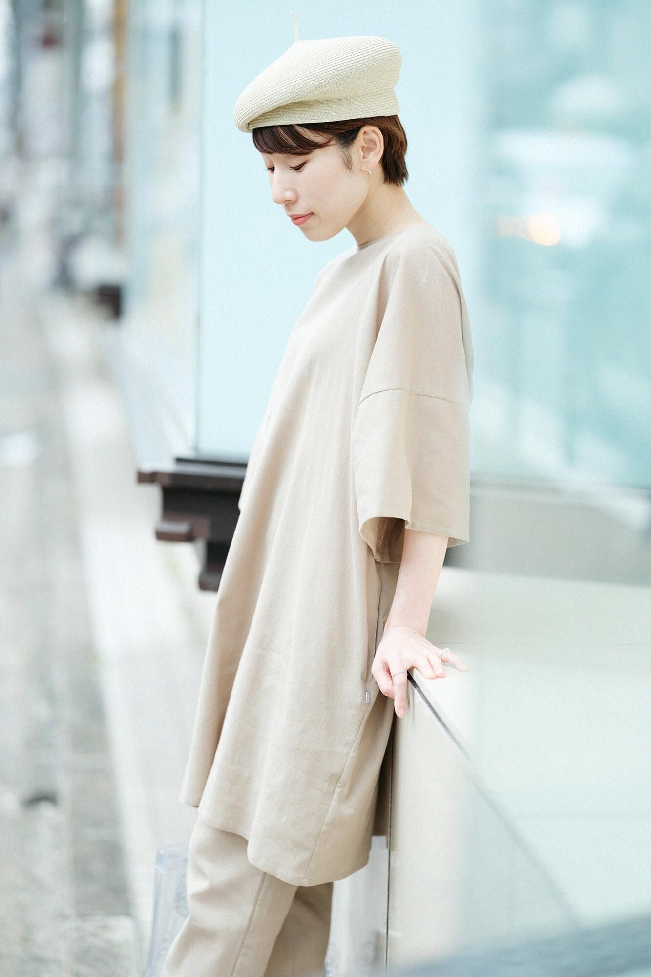 高島縮棉 40/40 寬袖船領 長版上衣／米色