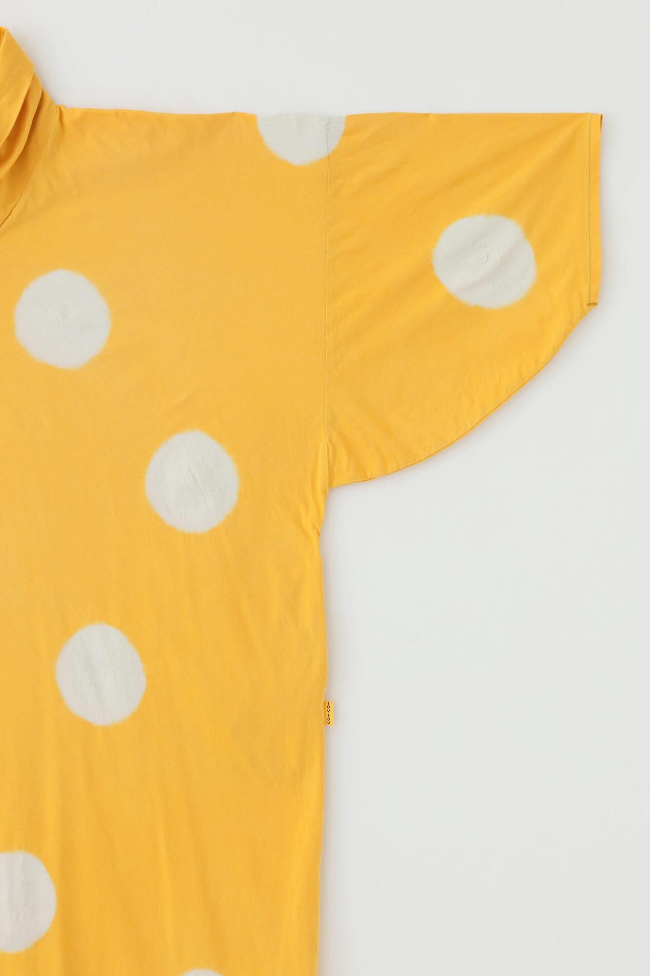 田端紮染 高領圓弧袖長方形洋裝／大圓點 淡黃色×乳白色