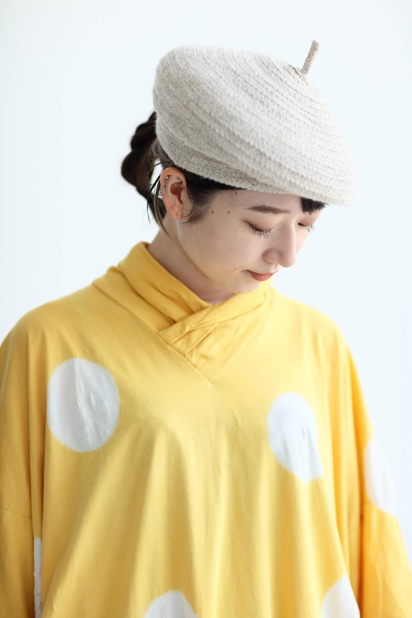 田端紮染 高領圓弧袖長方形洋裝／大圓點 淡黃色×乳白色