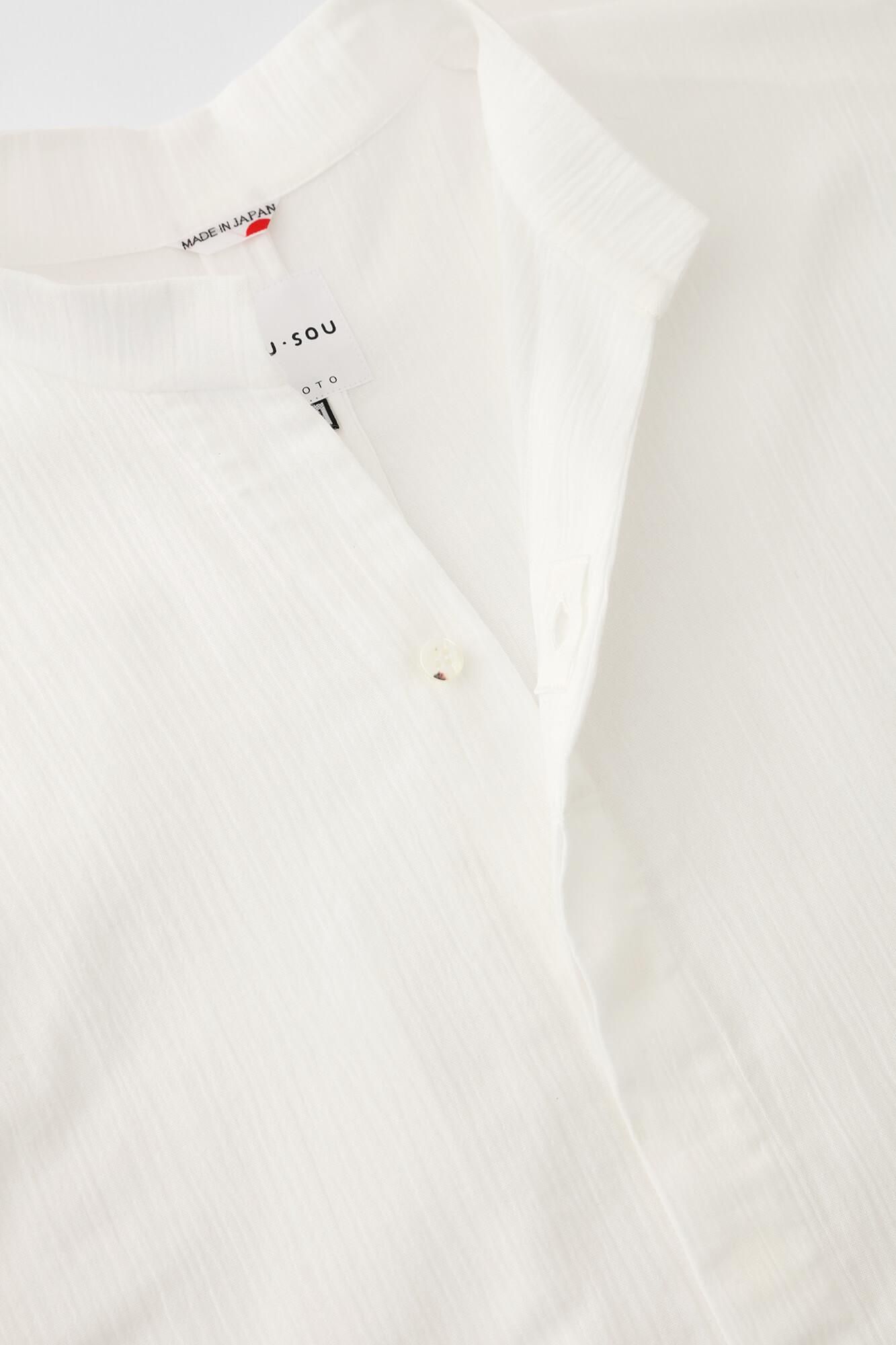 Chizimi Cotton 20/20 Band Collar Tight-sleeved Kimono Shirt / White