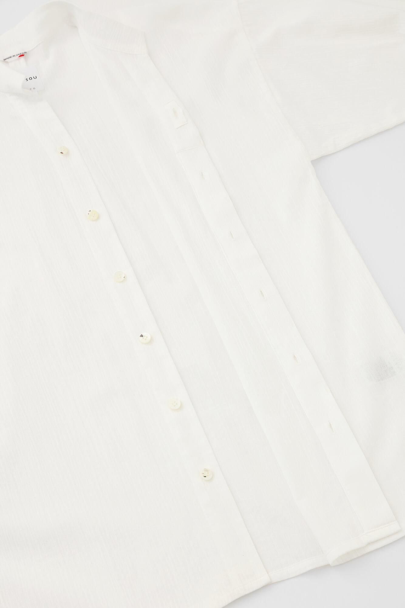 Chizimi Cotton 20/20 Band Collar Tight-sleeved Kimono Shirt / White