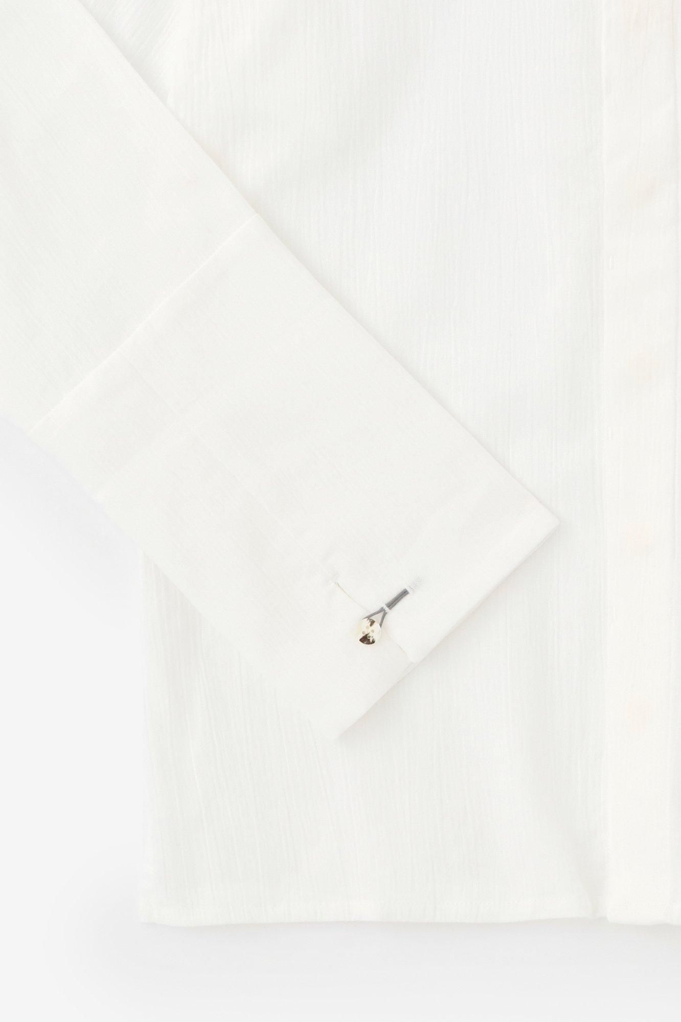 Chizimi Cotton 20/20 Band Collar Tight-sleeved Kimono Shirt / White