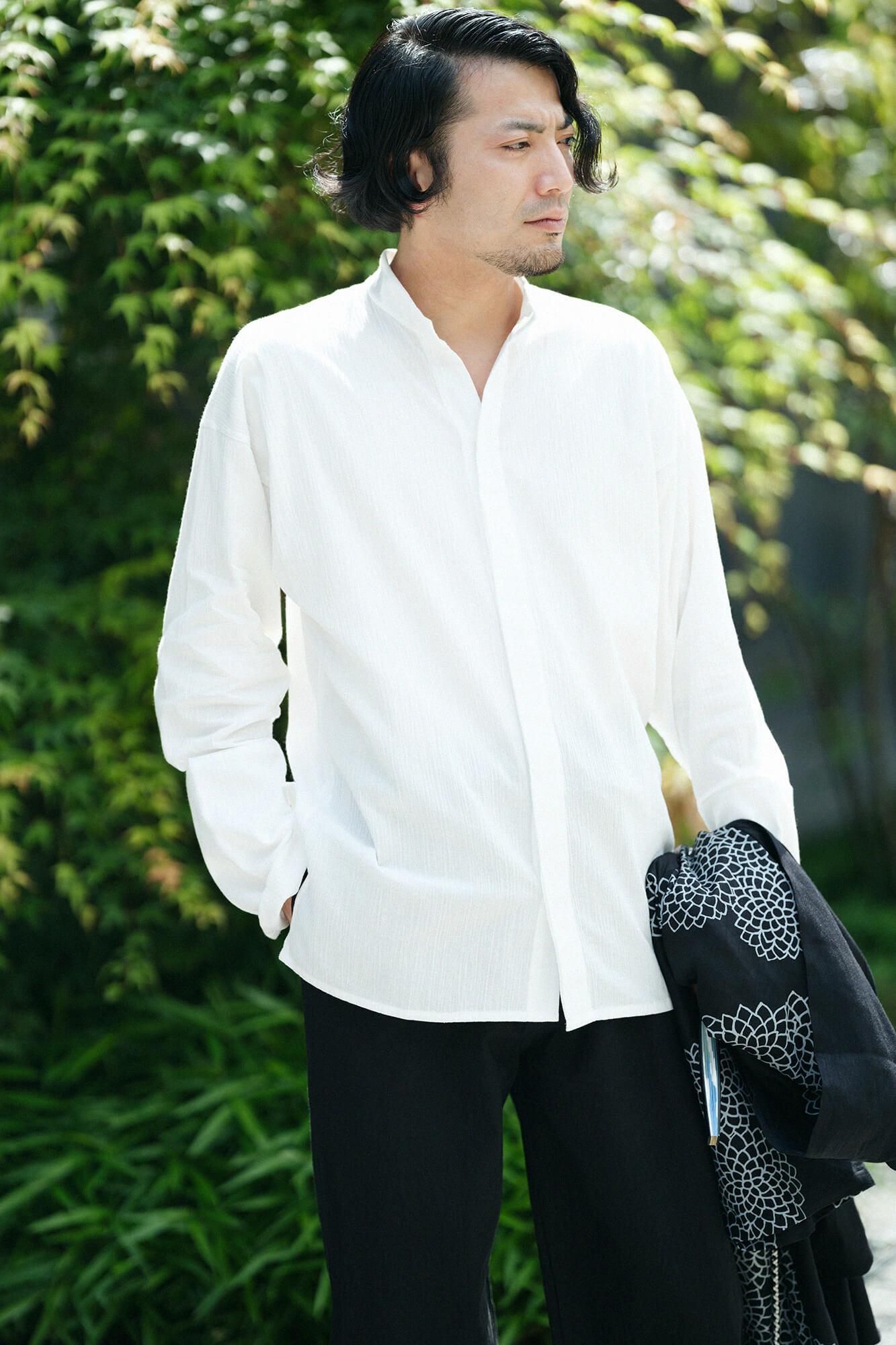 Chizimi Cotton 20/20 Band Collar Tight-sleeved Kimono Shirt / White