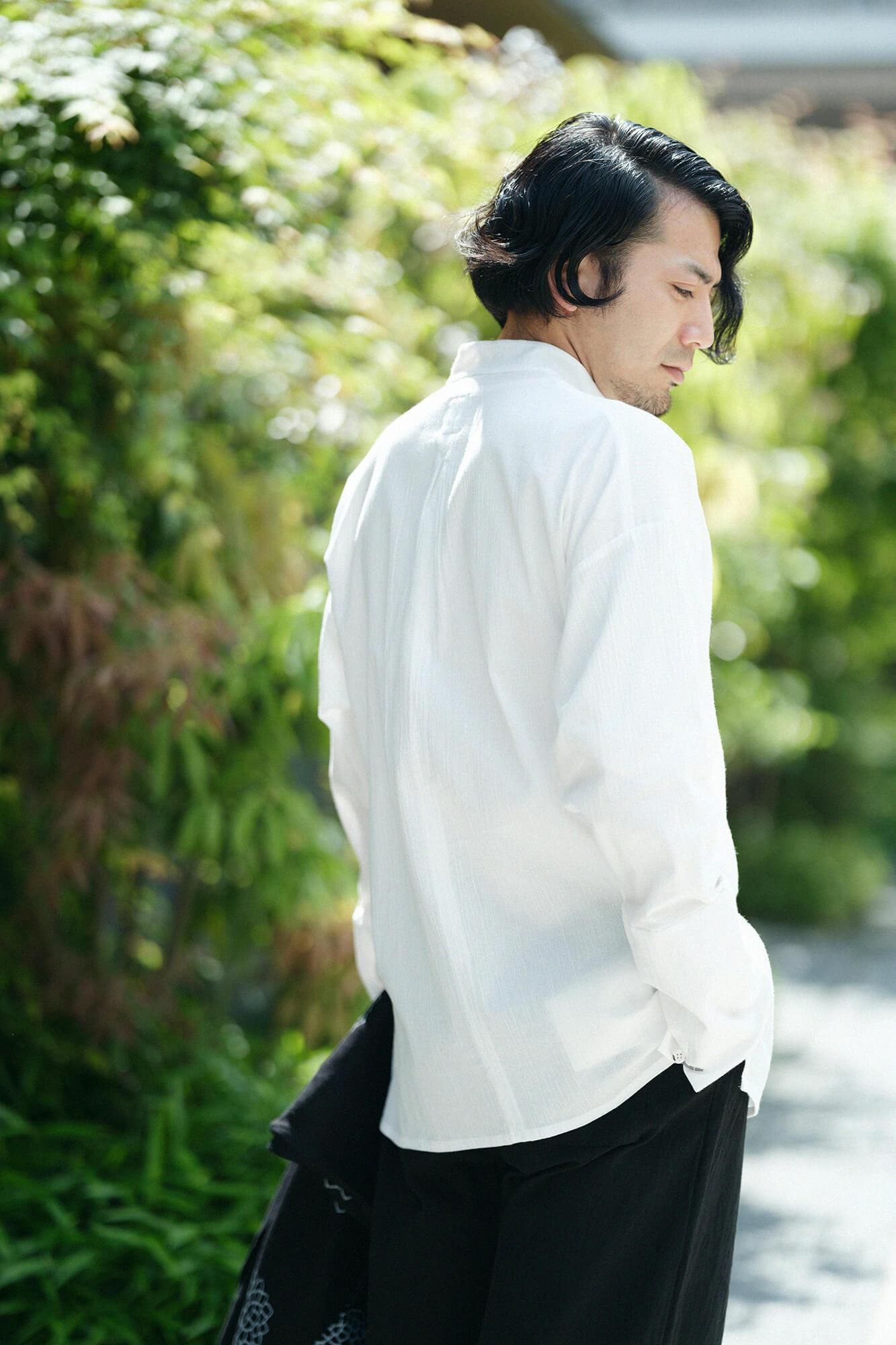 Chizimi Cotton 20/20 Band Collar Tight-sleeved Kimono Shirt / White