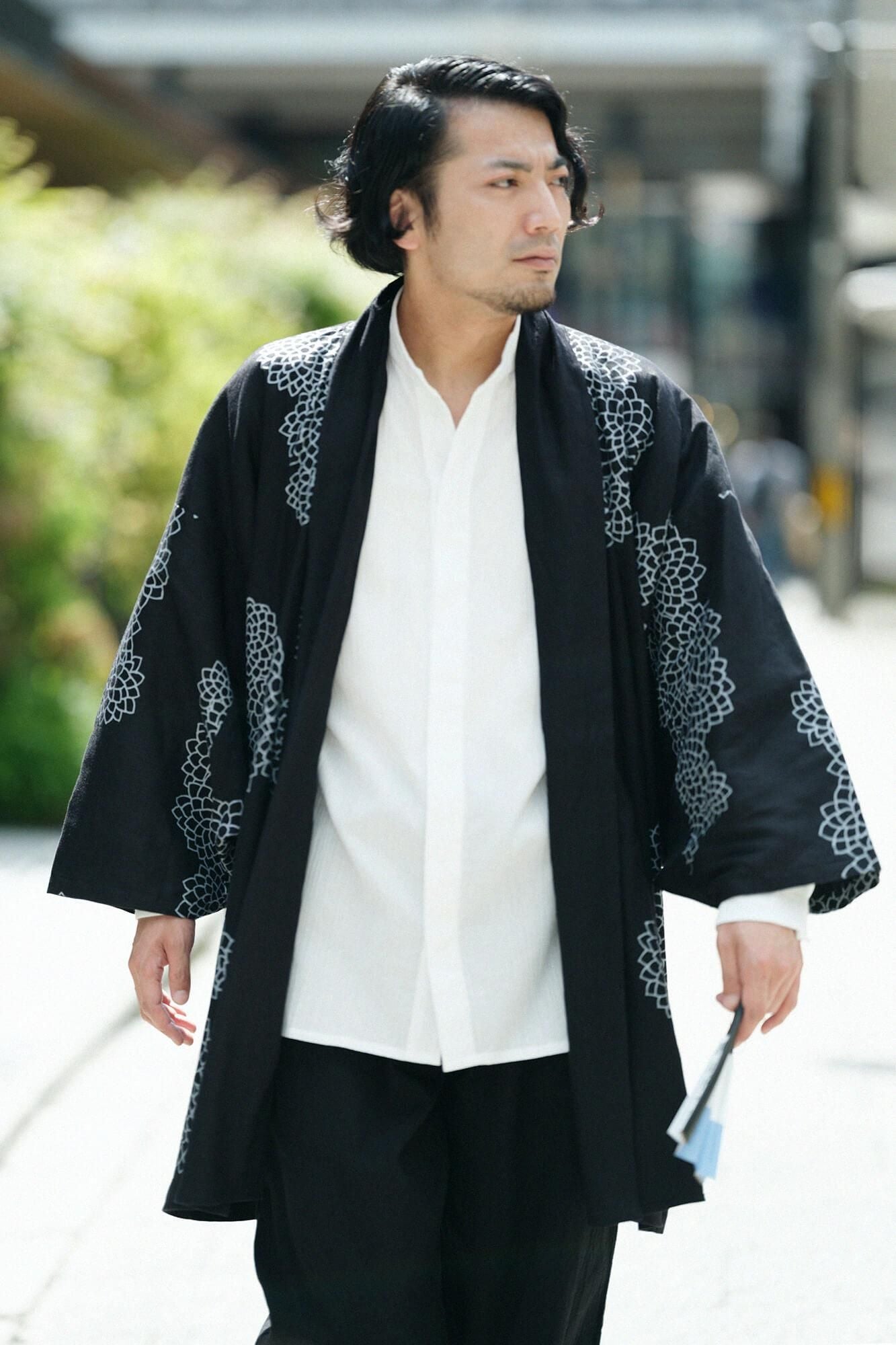 Chizimi Cotton 20/20 Band Collar Tight-sleeved Kimono Shirt / White