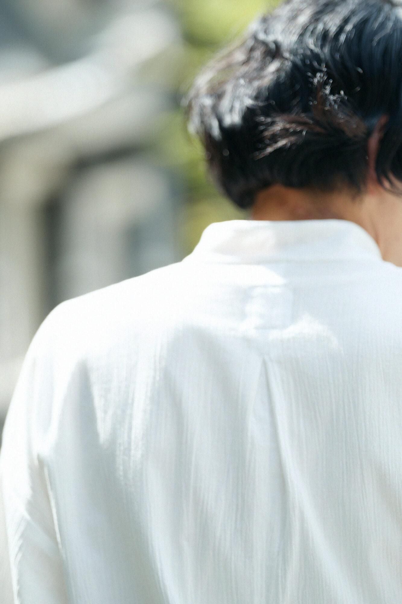 Chizimi Cotton 20/20 Band Collar Tight-sleeved Kimono Shirt / White