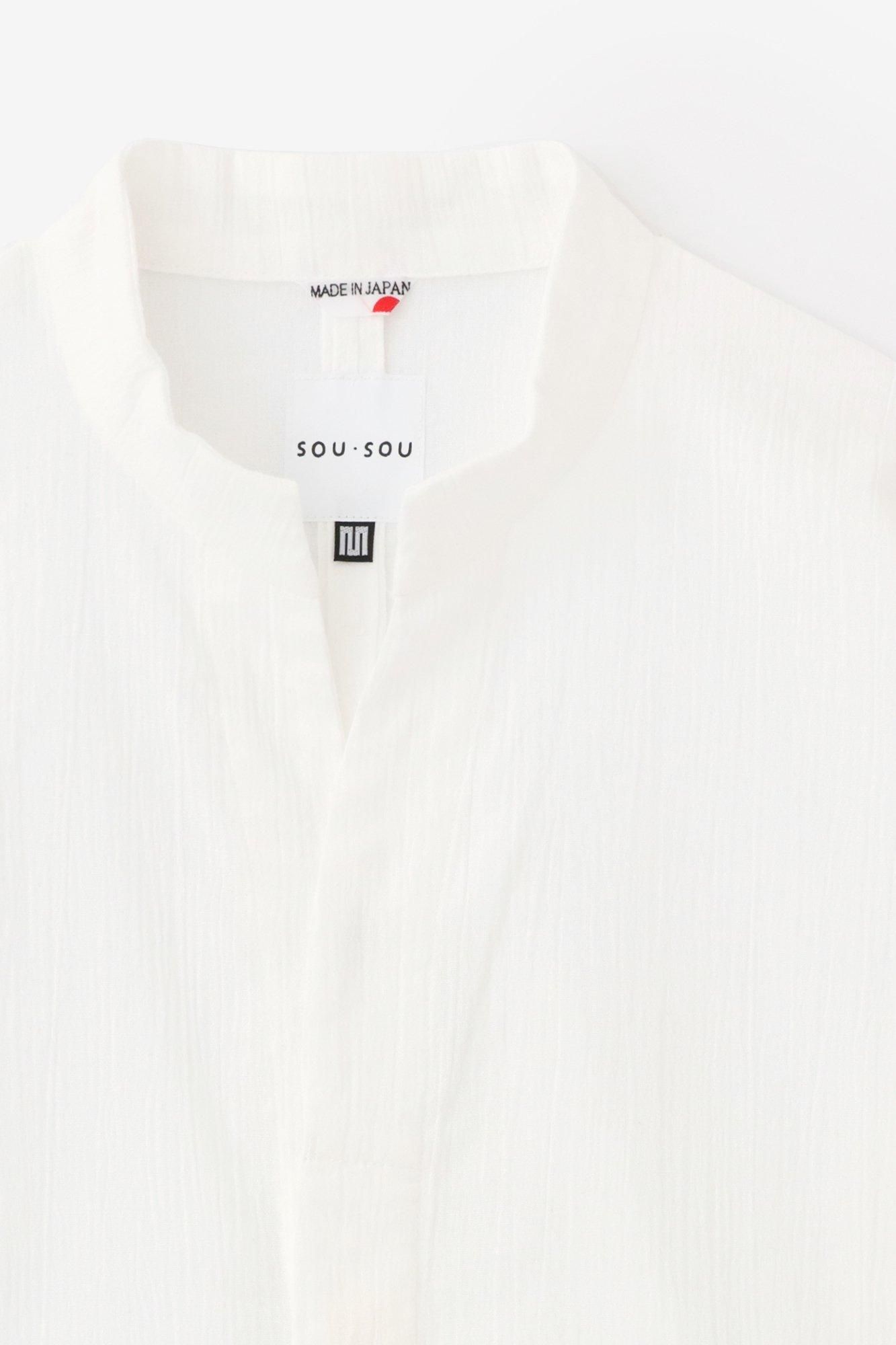 Chizimi Cotton 20/20 Band Collar Tight-sleeved Kimono Shirt / White