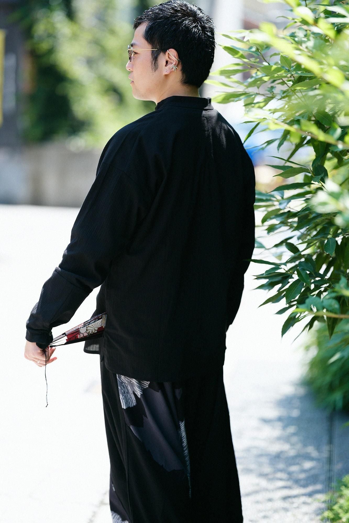 高島縮 20/20 立衿（たちえり） 筒袖襯衣（つつそでしんい）／濡羽色（ぬればいろ）