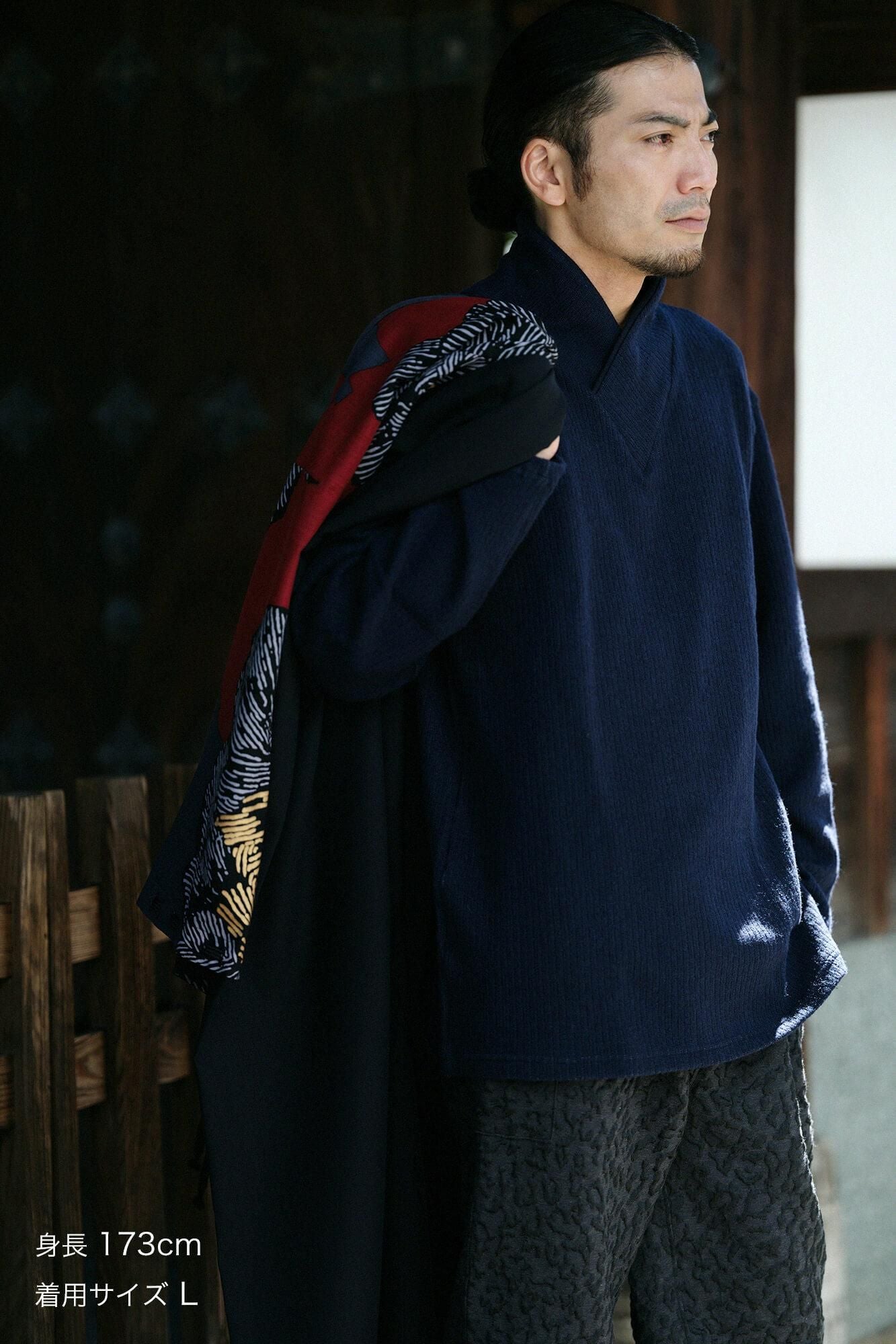 【官網限定】棉毛雙層編半衿秋聲 高領上衣/深藍色