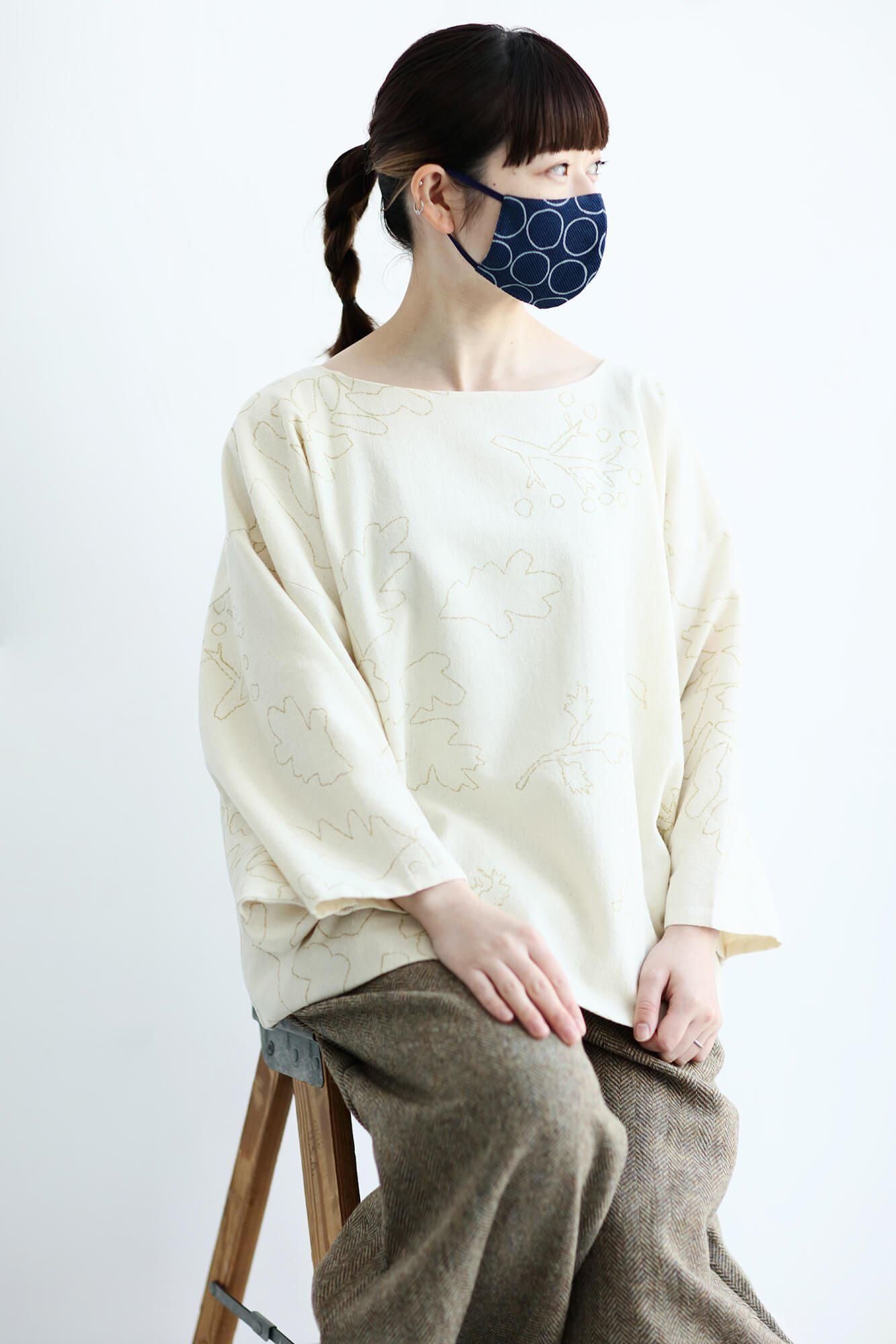 ◎【30%OFF】棉麻紡×高島縮棉 圖案紋樣布口罩／排圈圈 深藍色×灰色