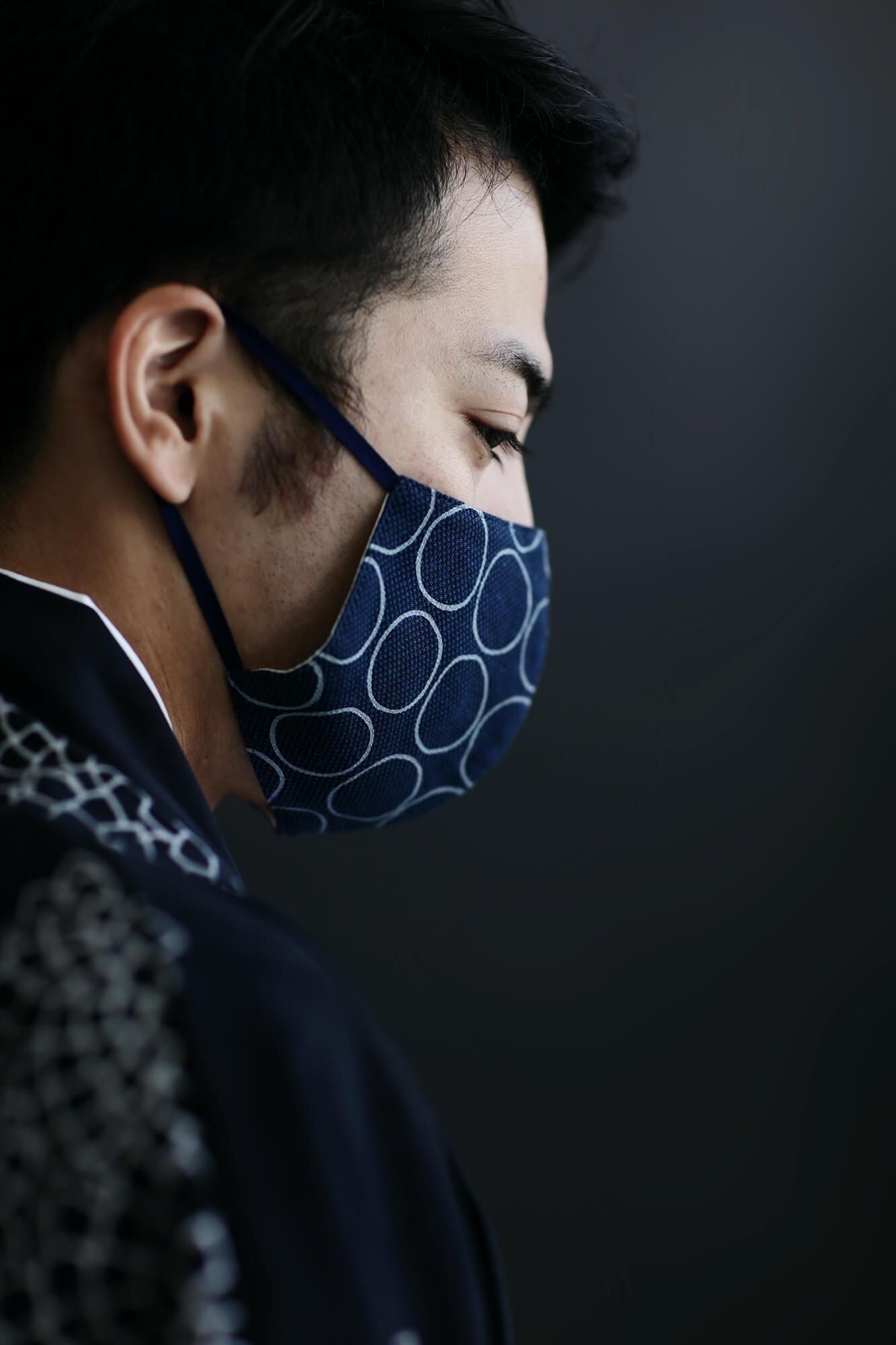 ◎【30%OFF】棉麻紡×高島縮棉 圖案紋樣布口罩／排圈圈 深藍色×灰色