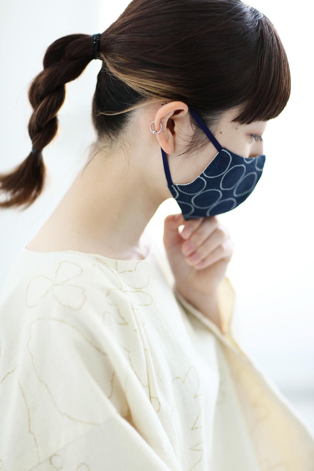 ◎【30%OFF】棉麻紡×高島縮棉 圖案紋樣布口罩／排圈圈 深藍色×灰色