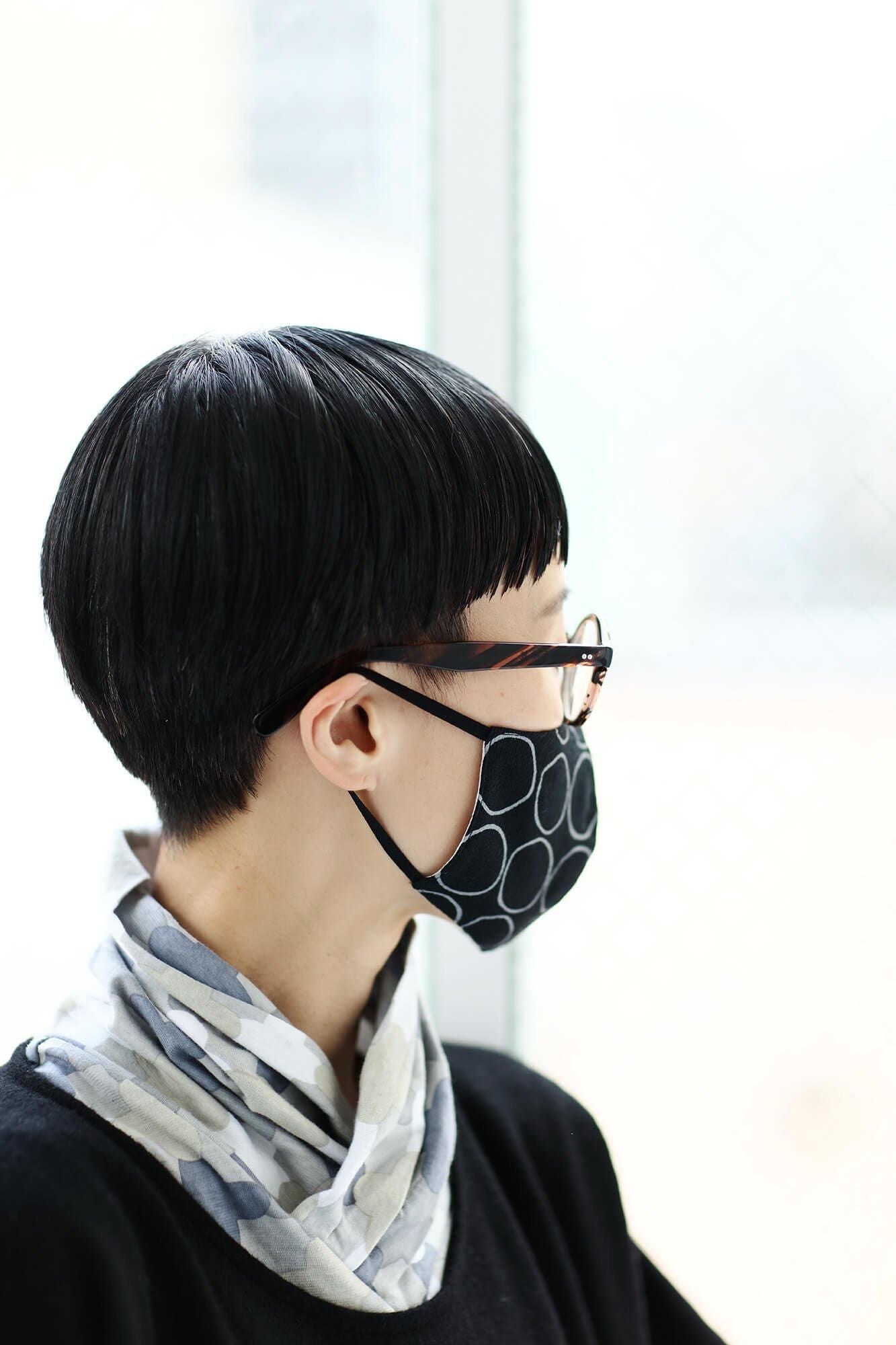 ◎【30%OFF】棉麻紡×高島縮棉 圖案紋樣布口罩／排圈圈 黑色×灰炭色