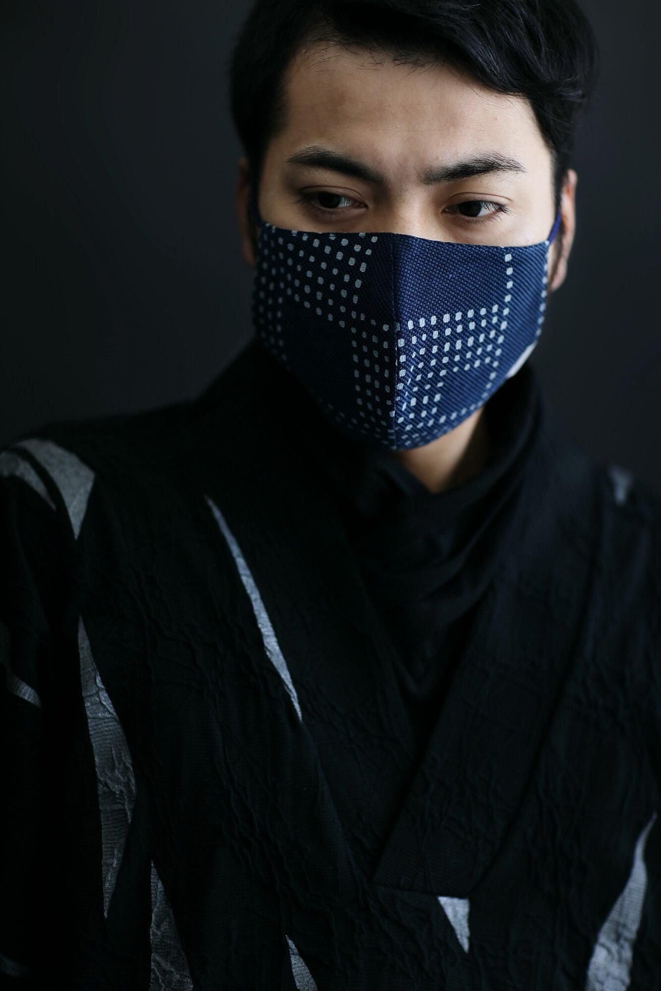 ◎【30%OFF】棉麻紡×高島縮棉 圖案紋樣布口罩／影 深藍色×灰色