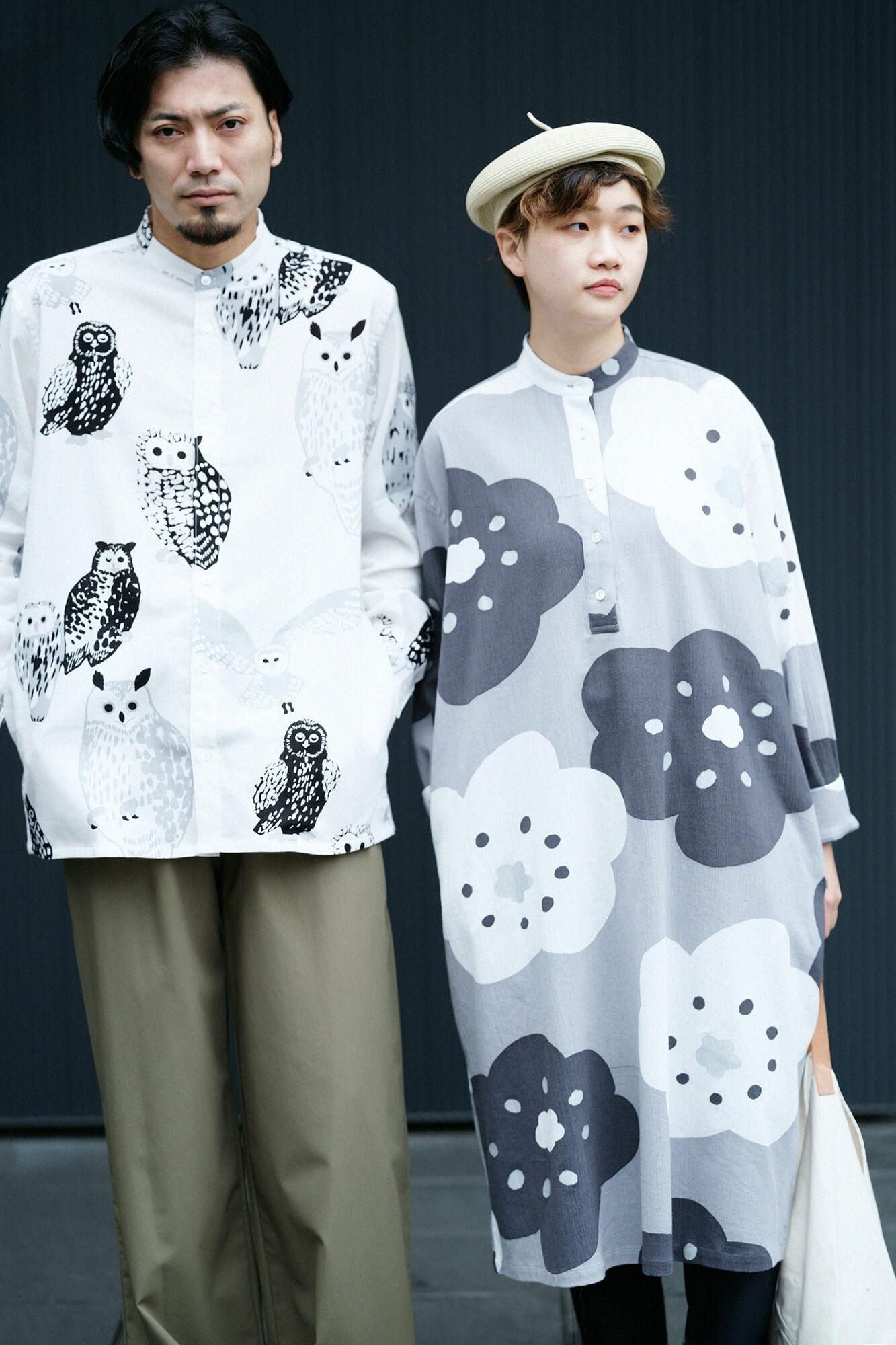 美品！SOU SOU 長袖シャツ　高島縮　スタンドカラー　フクロウ柄　S 白 美品！SOU SOU 長袖シャツ 高島縮 スタンドカラー フクロウ柄 S 白