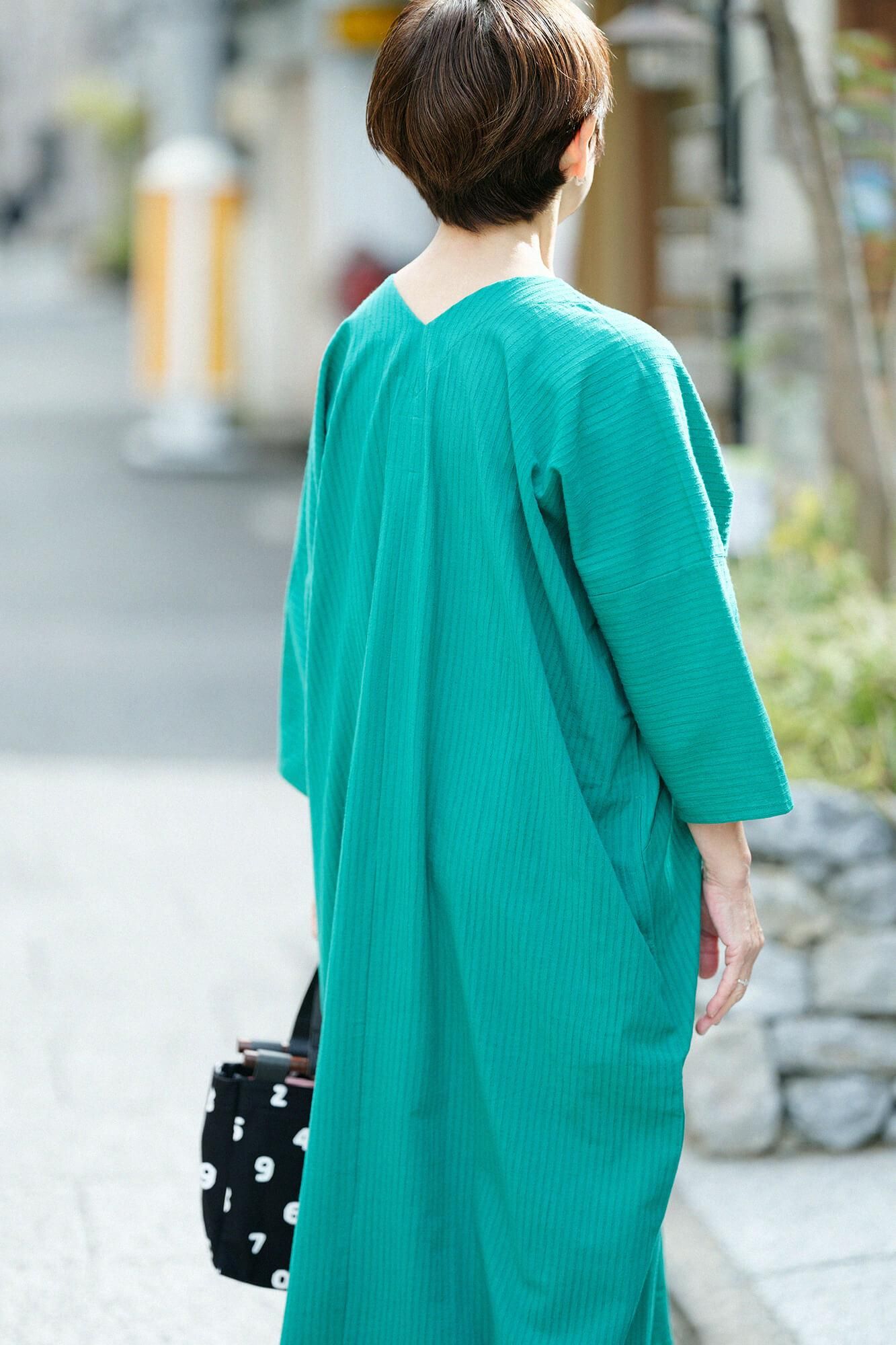 高島縮棉40/20 空羽 V領長方形洋裝 七分袖/常磐綠