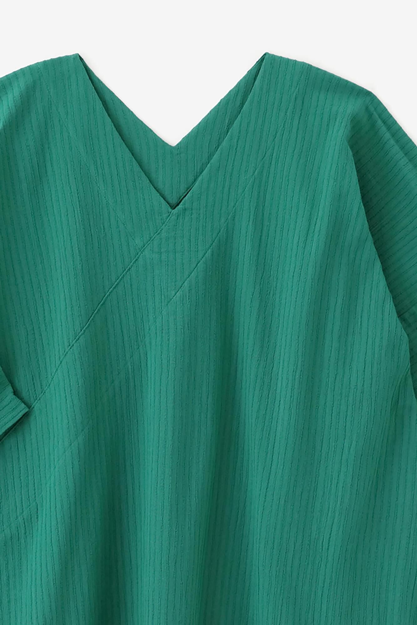 高島縮棉40/20 空羽 V領長方形洋裝 七分袖/常磐綠