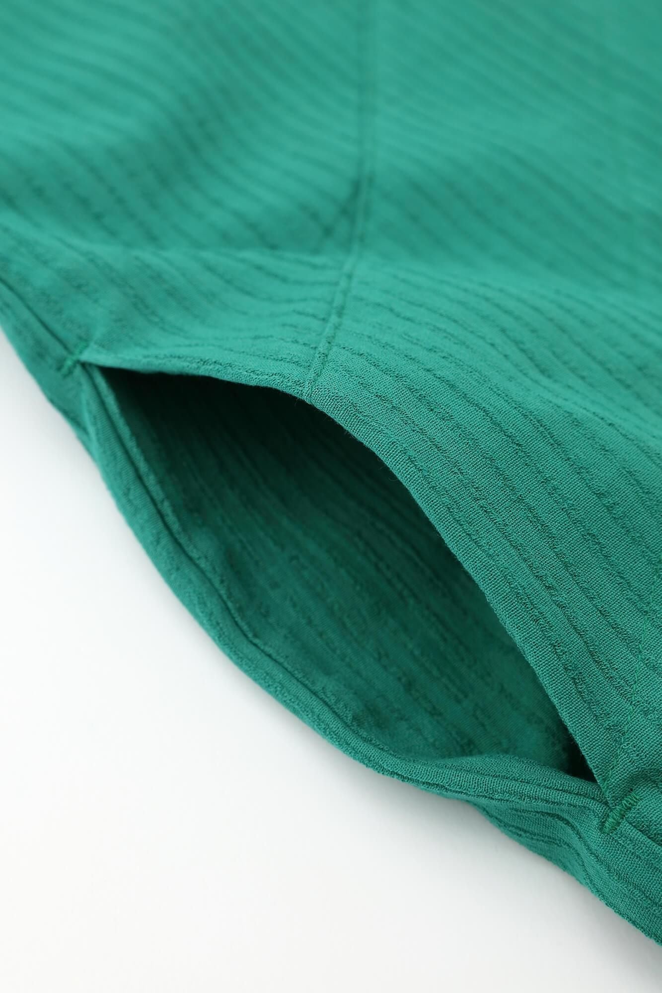 高島縮棉40/20 空羽 V領長方形洋裝 七分袖/常磐綠