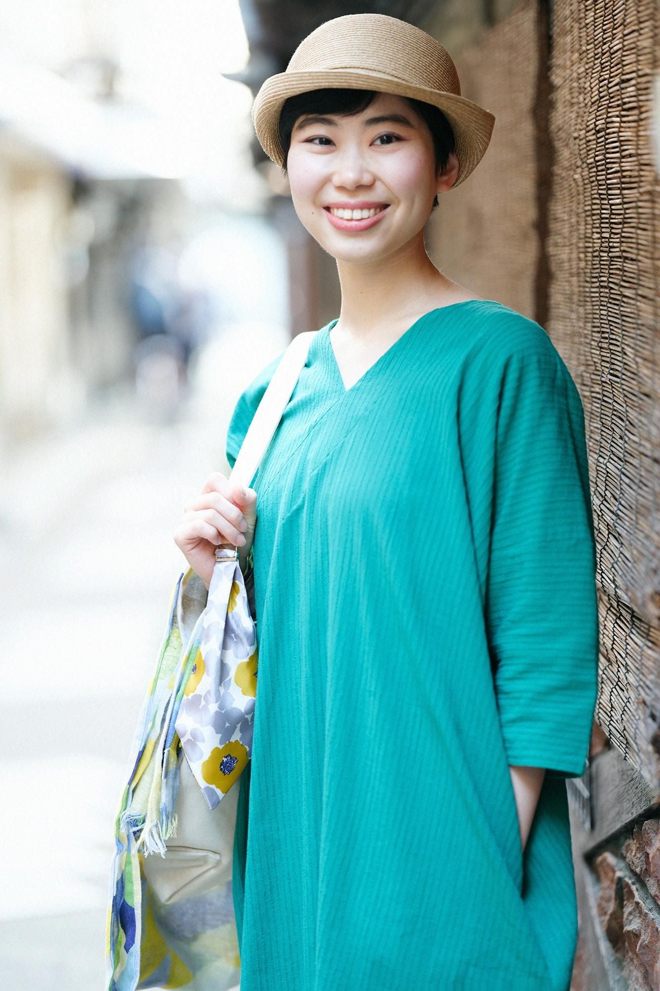 高島縮棉40/20 空羽 V領長方形洋裝 七分袖/常磐綠