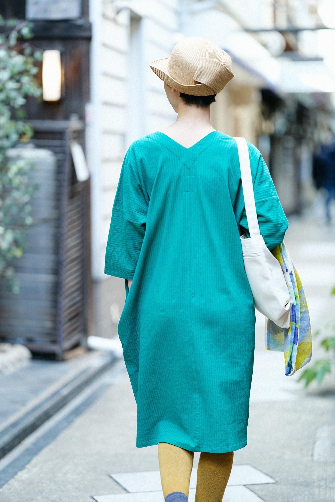 高島縮棉40/20 空羽 V領長方形洋裝 七分袖/常磐綠