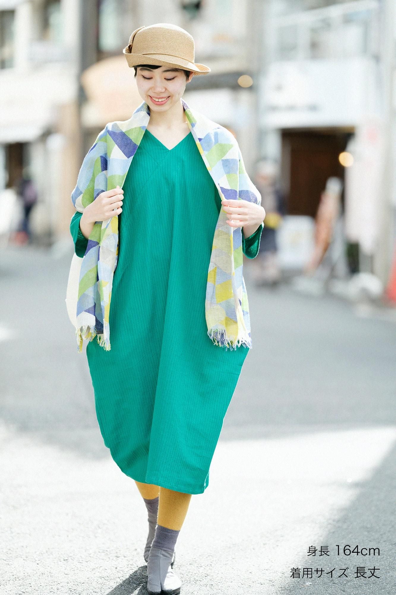 高島縮棉40/20 空羽 V領長方形洋裝 七分袖/常磐綠