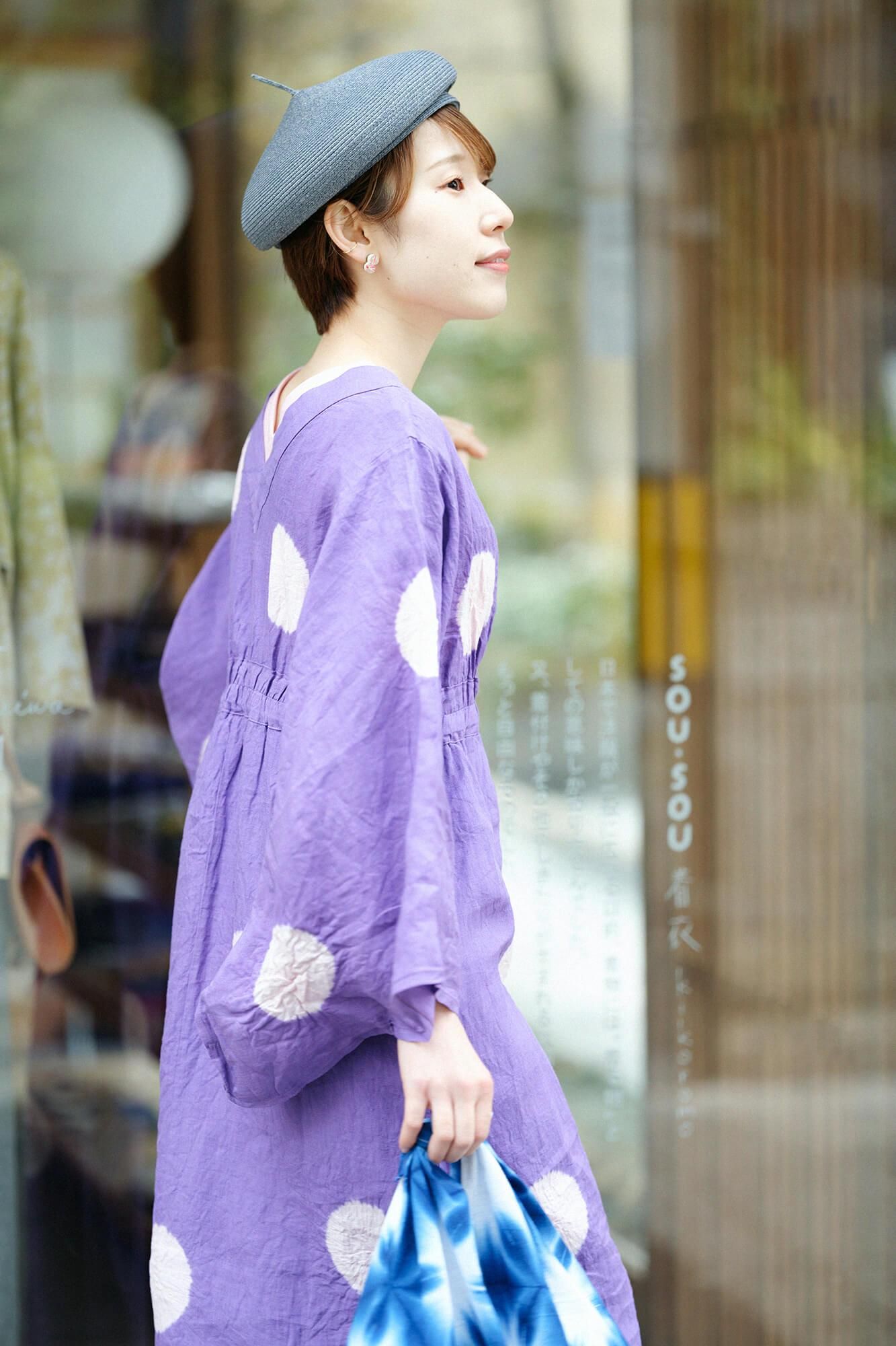 [仅限在线] Tabata Shibori Hemp Yukata Mitate / 大圆点（Mizutamai）Kyomurasaki x Maiden Color